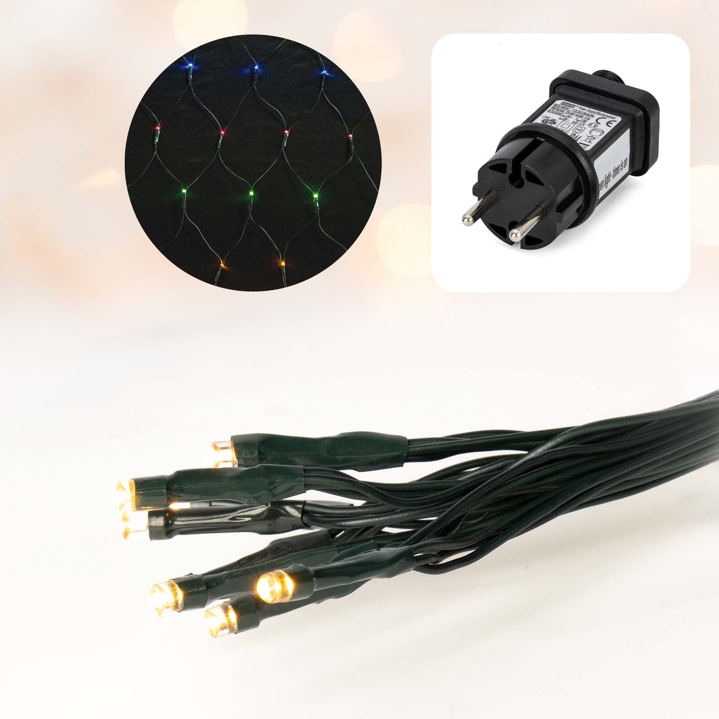 LED-Lichtnetz, 1,5*3m, 200 LEDs, umschaltbar von ww auf multicolor, Außen-Transformator