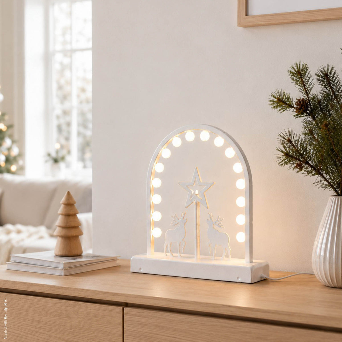 LED Metall-Leuchter mit Stern und Rentier innen, 17 LED warmweiß, 26x26 cm, Innen-Transformator