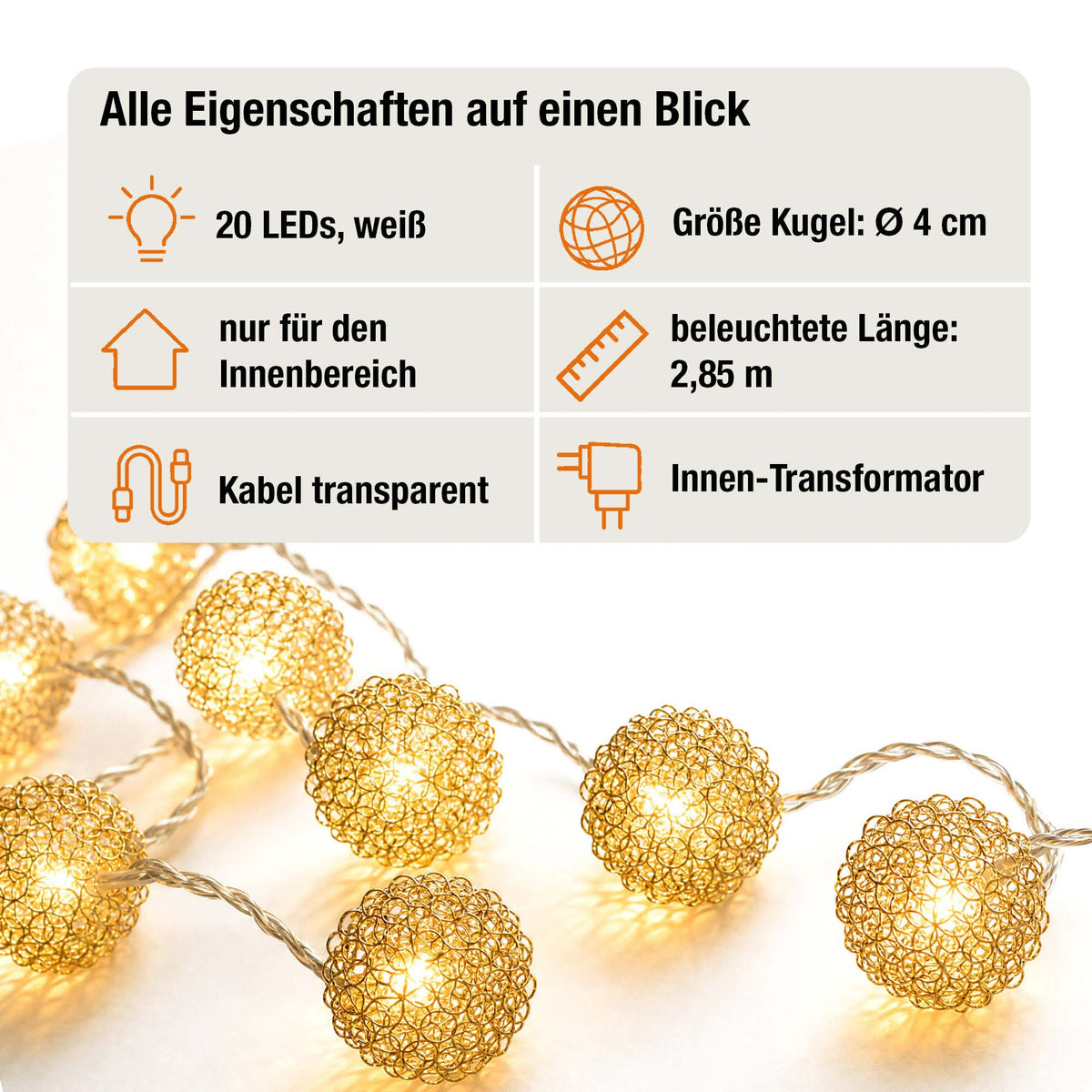 LED Lichterkette mit goldenen Metallbällen innen, 20 LED weiß, 2,85 m beleuchtet, transparentes Kabel, Innen-Transformator