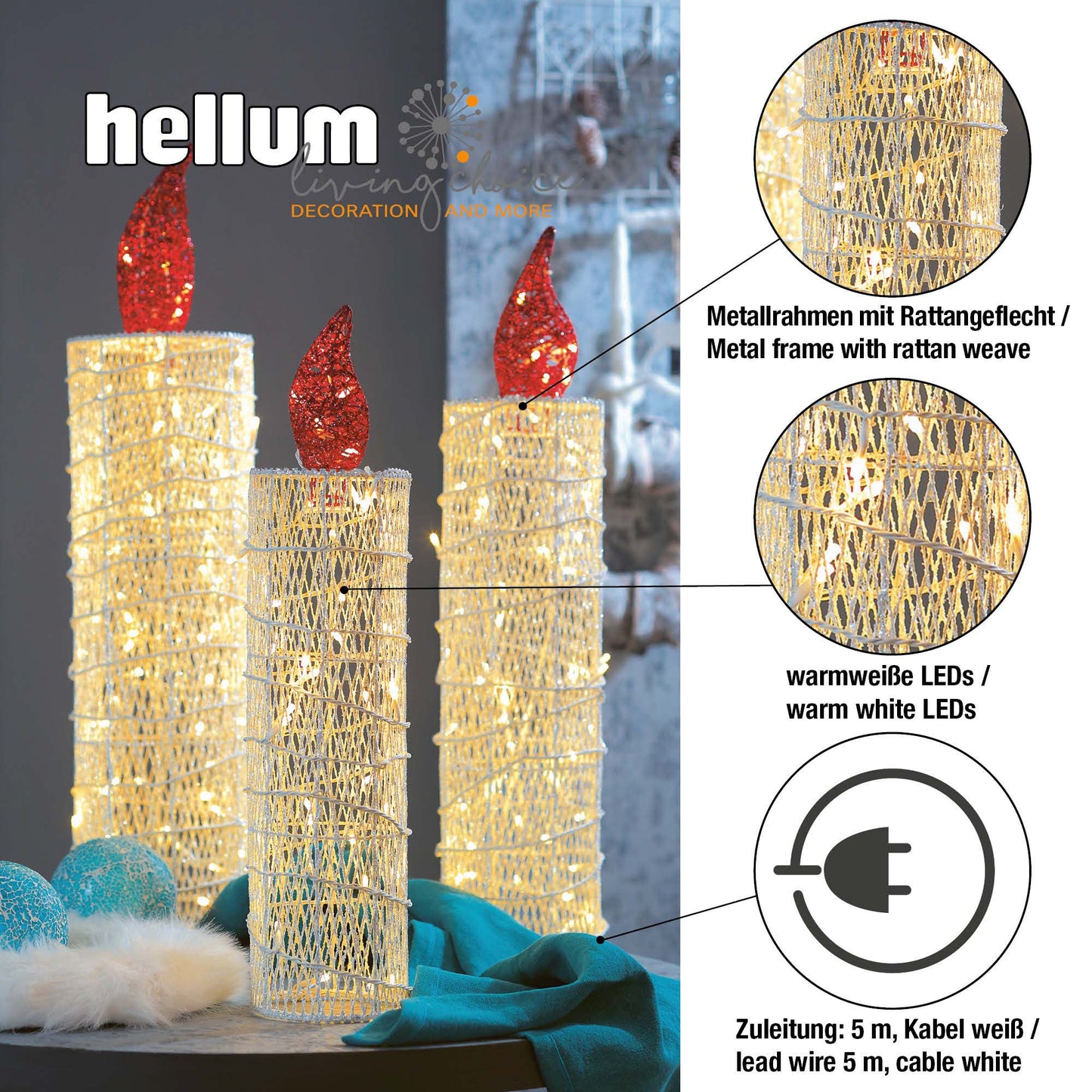 LED-Rattan-Kerzen, 3er Set, 88 LEDs ww, 14x60cm, 15,5x70cm, 18,5x80, Innen-Transformator