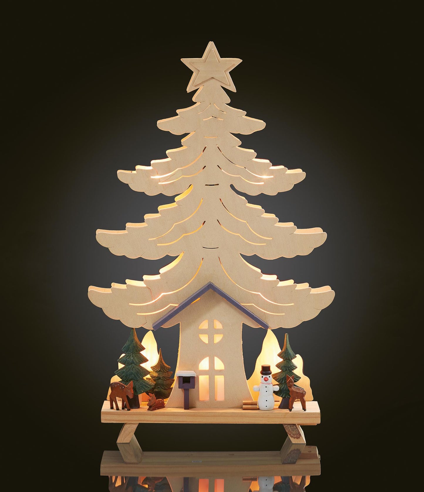 LED Holz-Stimmungsleuchter "Haus, Baum Schneemann mit. Waldtieren", 10 LEDs ww