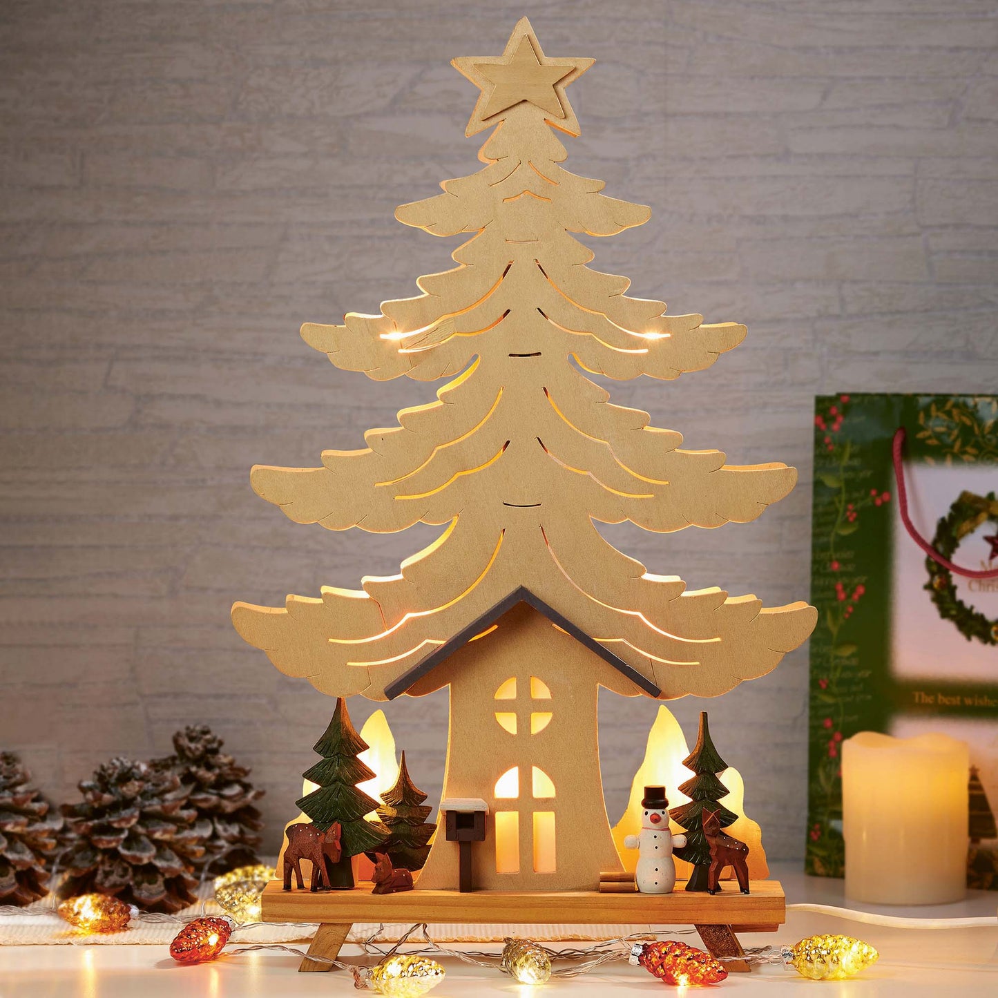 LED Holz-Stimmungsleuchter "Haus, Baum Schneemann mit. Waldtieren", 10 LEDs ww