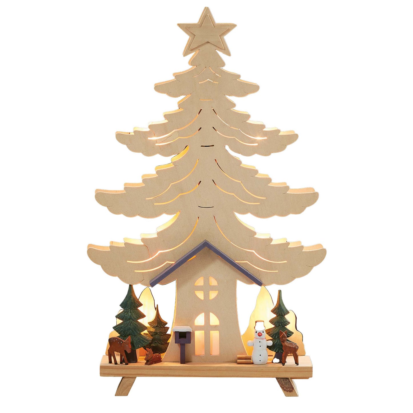 LED Holz-Stimmungsleuchter "Haus, Baum Schneemann mit. Waldtieren", 10 LEDs ww