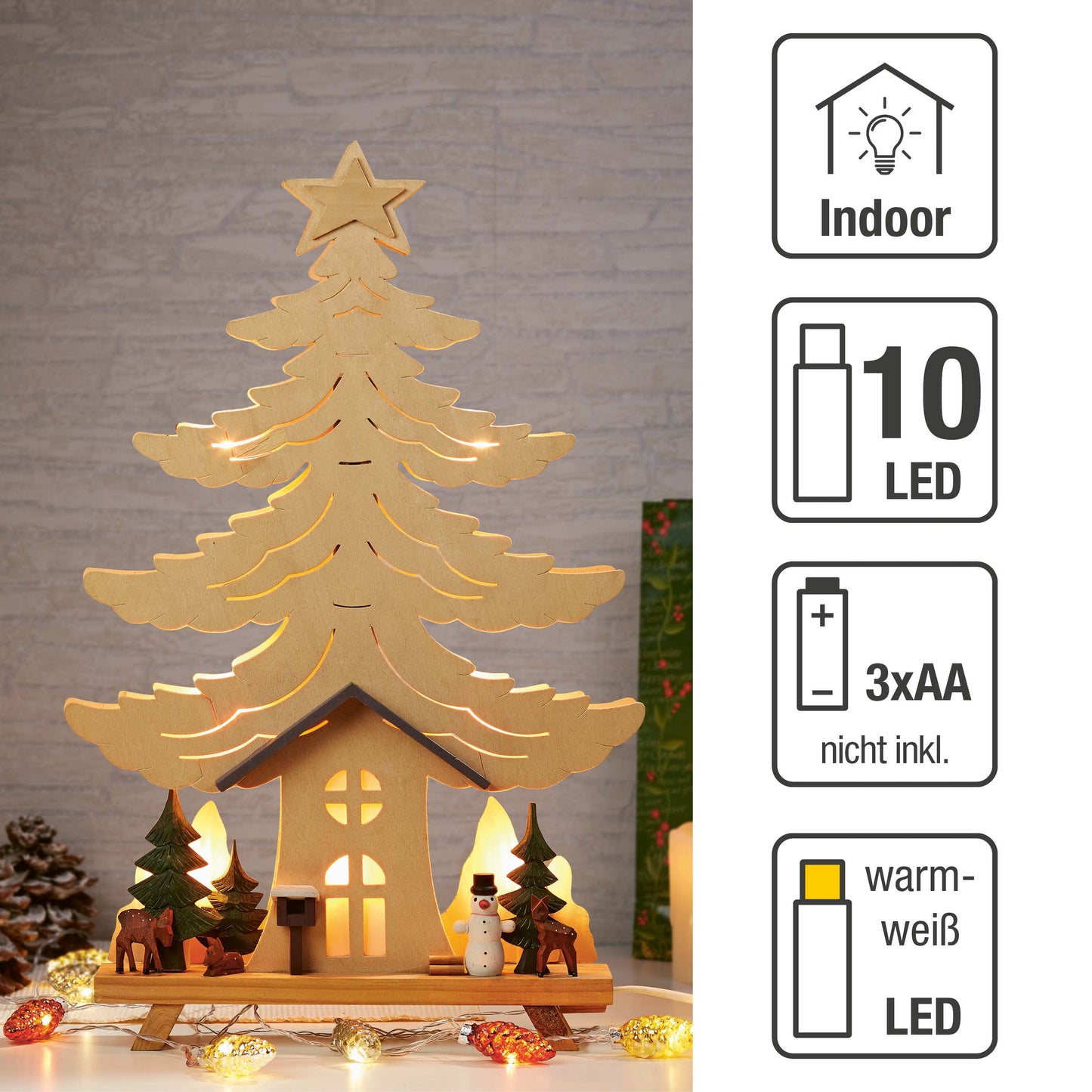 LED Holz-Stimmungsleuchter "Haus, Baum Schneemann mit. Waldtieren", 10 LEDs ww