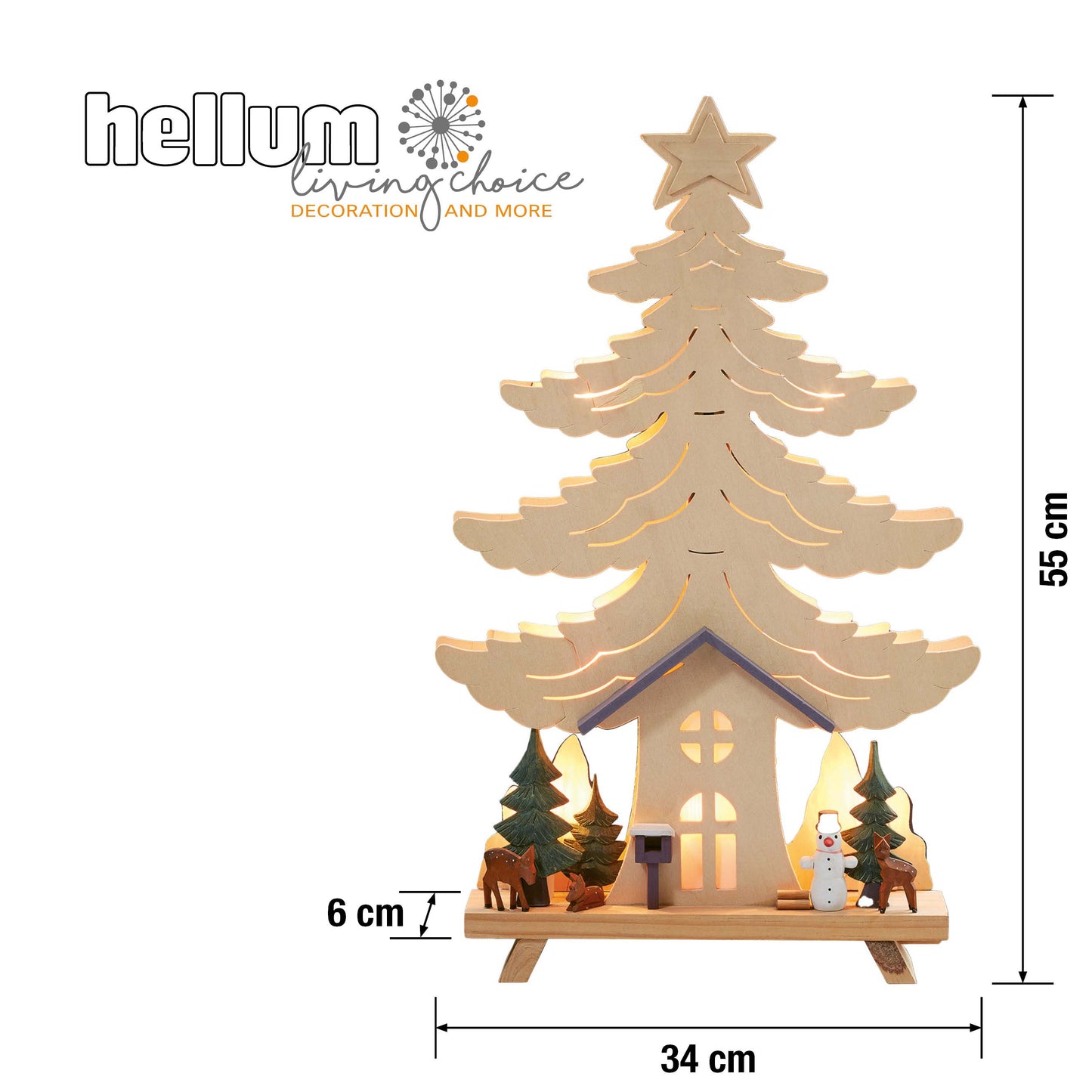 LED Holz-Stimmungsleuchter "Haus, Baum Schneemann mit. Waldtieren", 10 LEDs ww