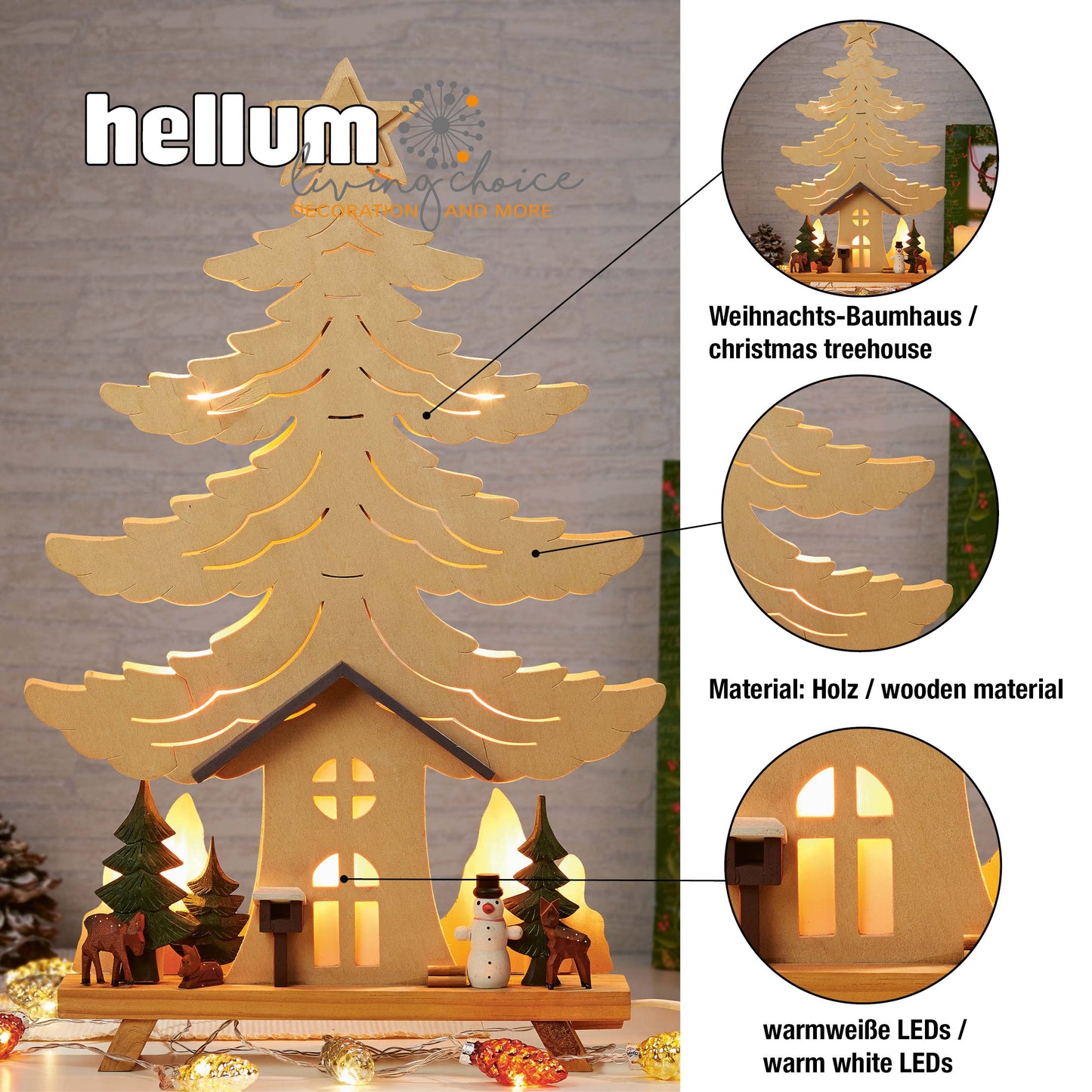 LED Holz-Stimmungsleuchter "Haus, Baum Schneemann mit. Waldtieren", 10 LEDs ww