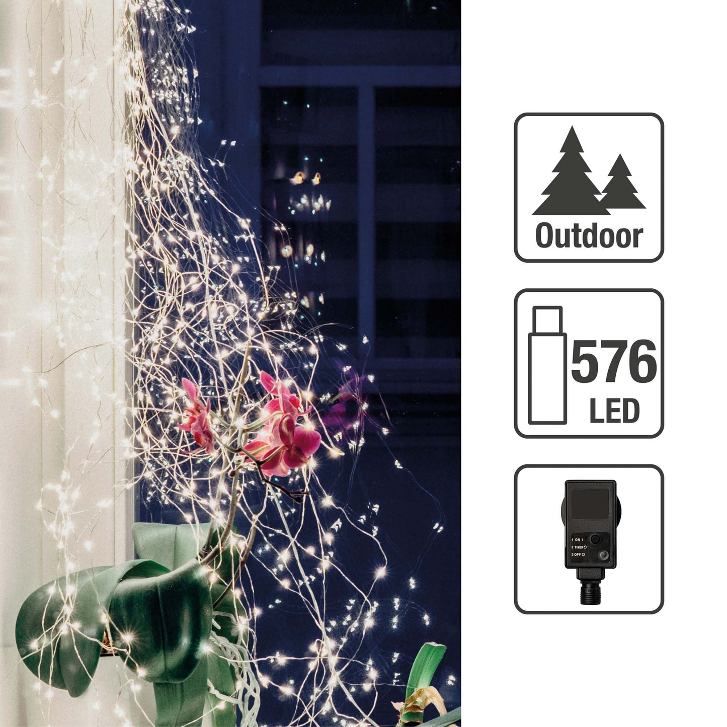 576-tlg. LED-Girlande, warm-weiß, 36 Stränge, kupferfarbenes Kabel, Außen-Trafo