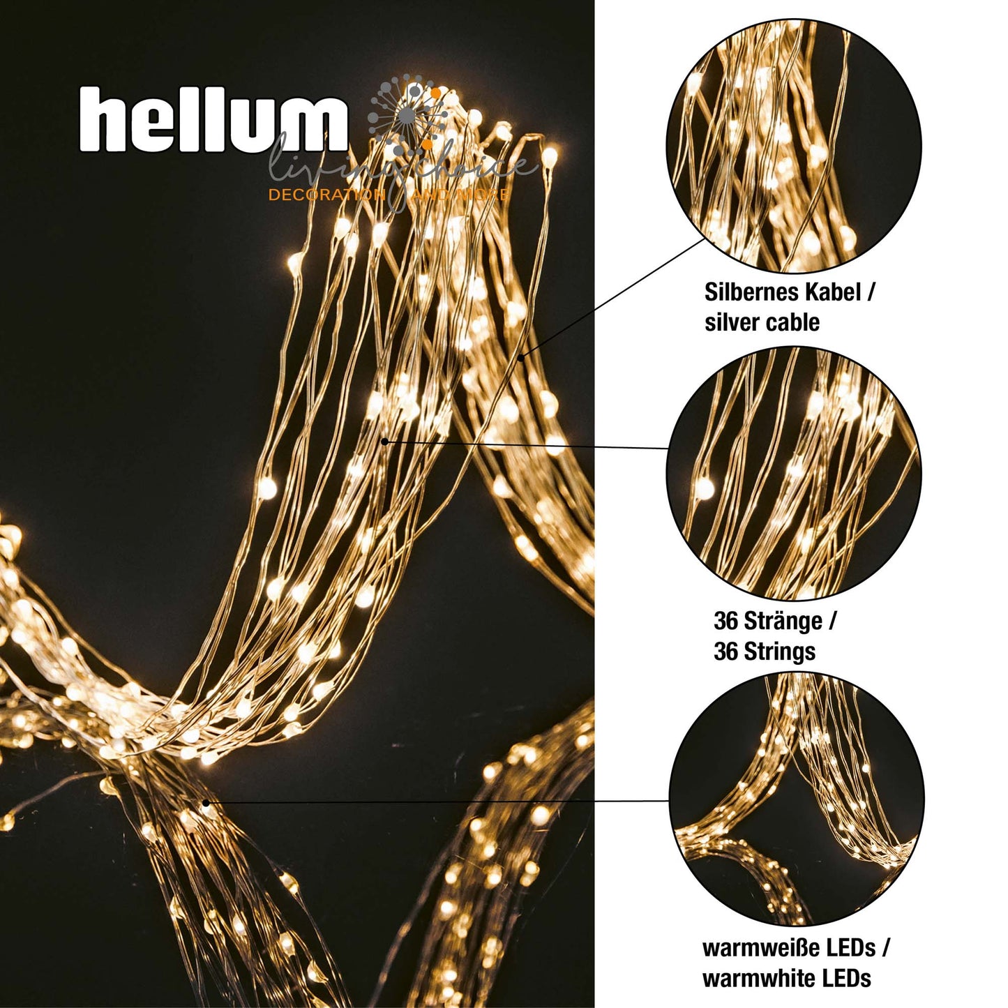 576-tlg. LED-Girlande, warm-weiß, 36 Stränge, kupferfarbenes Kabel, Außen-Trafo