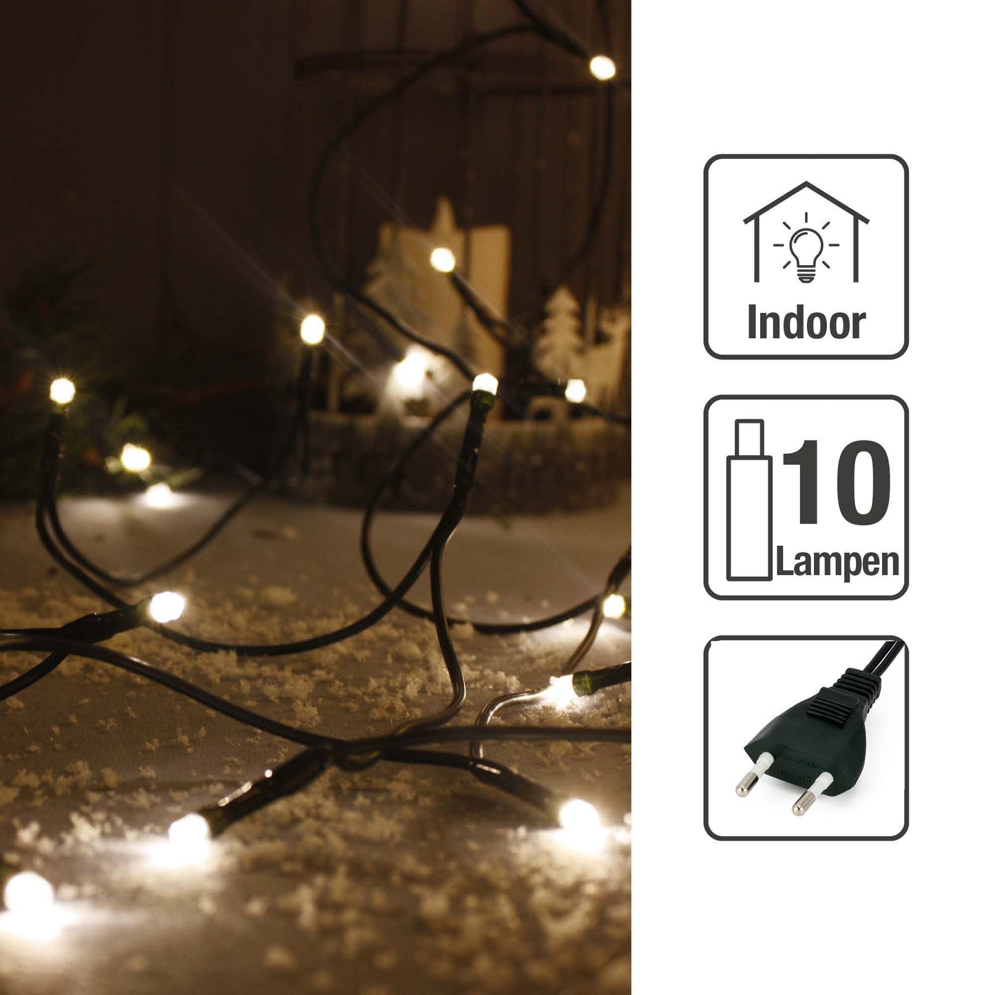 10-tlg. LED-Lichterkette für innen, warm-weiß, grünes-Kabel, Euro-Stecker