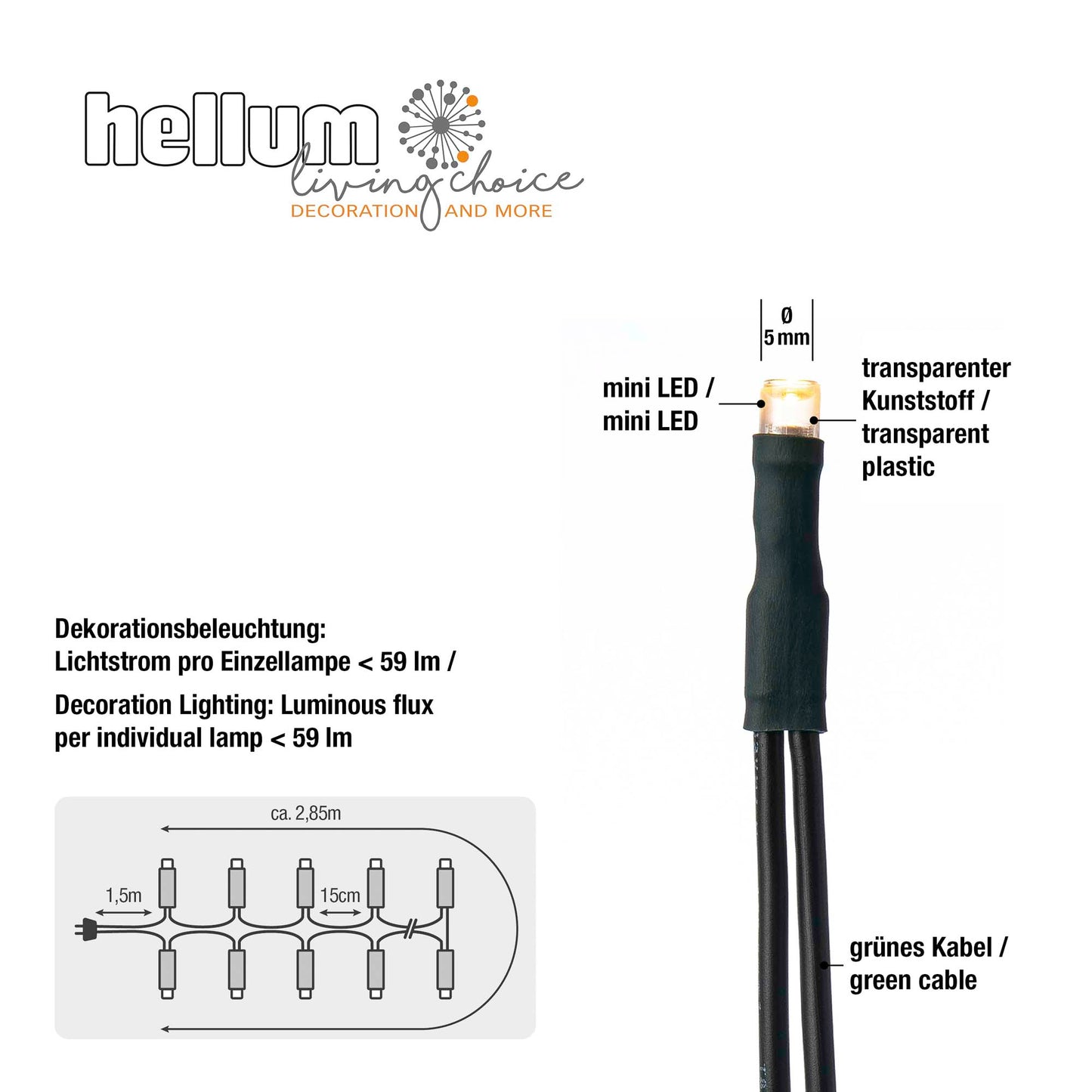 20-tlg. LED-Lichterkette, warm-weiß, grünes-Kabel, Euro-Stecker