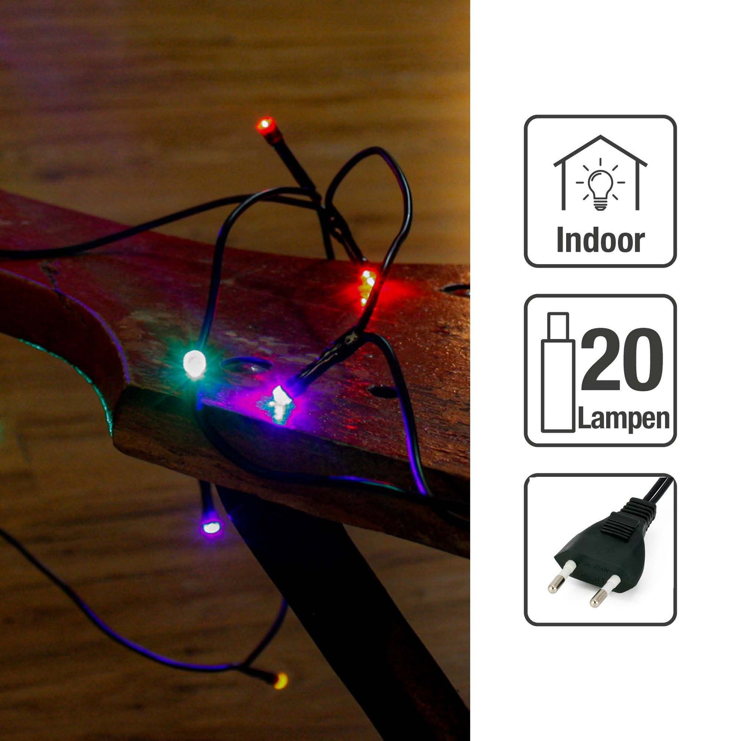 20-tlg. LED-Lichterkette, bunt, grünes-Kabel, Euro-Stecker, 151008
