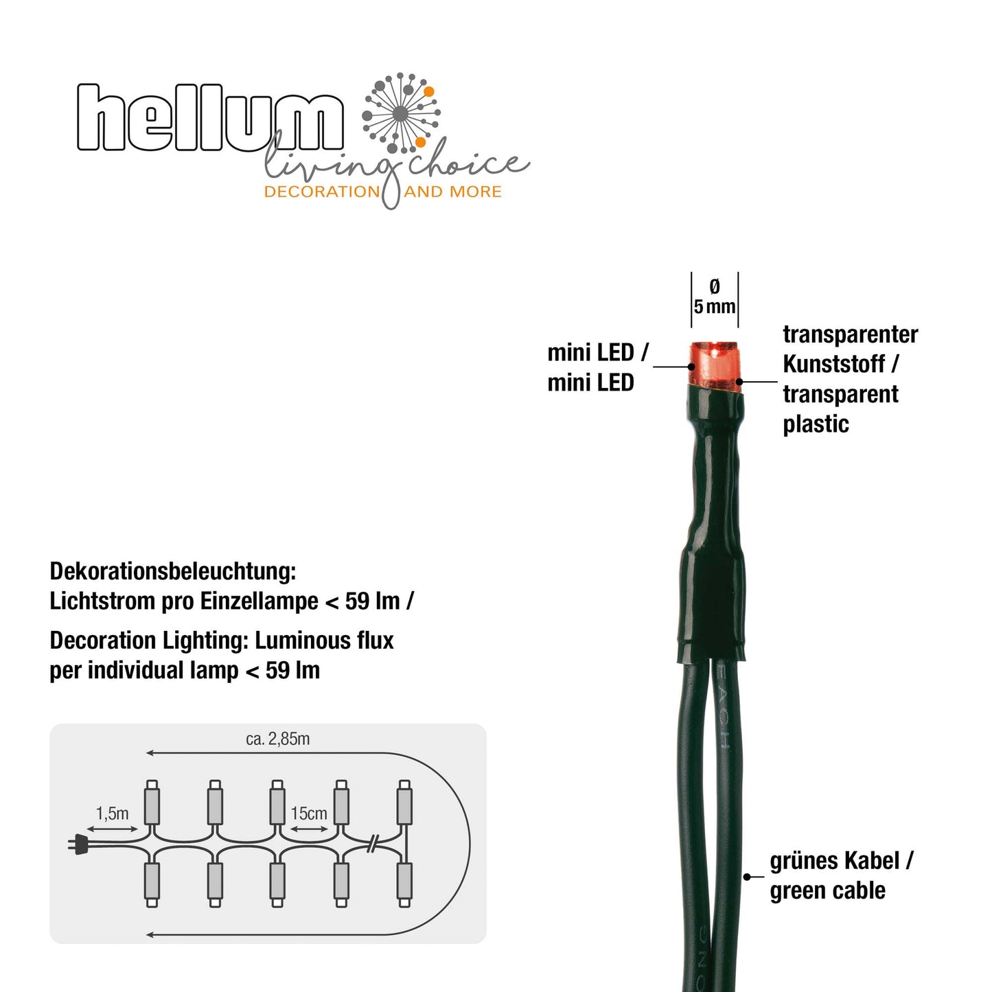 20-tlg. LED-Lichterkette, bunt, grünes-Kabel, Euro-Stecker, 151008