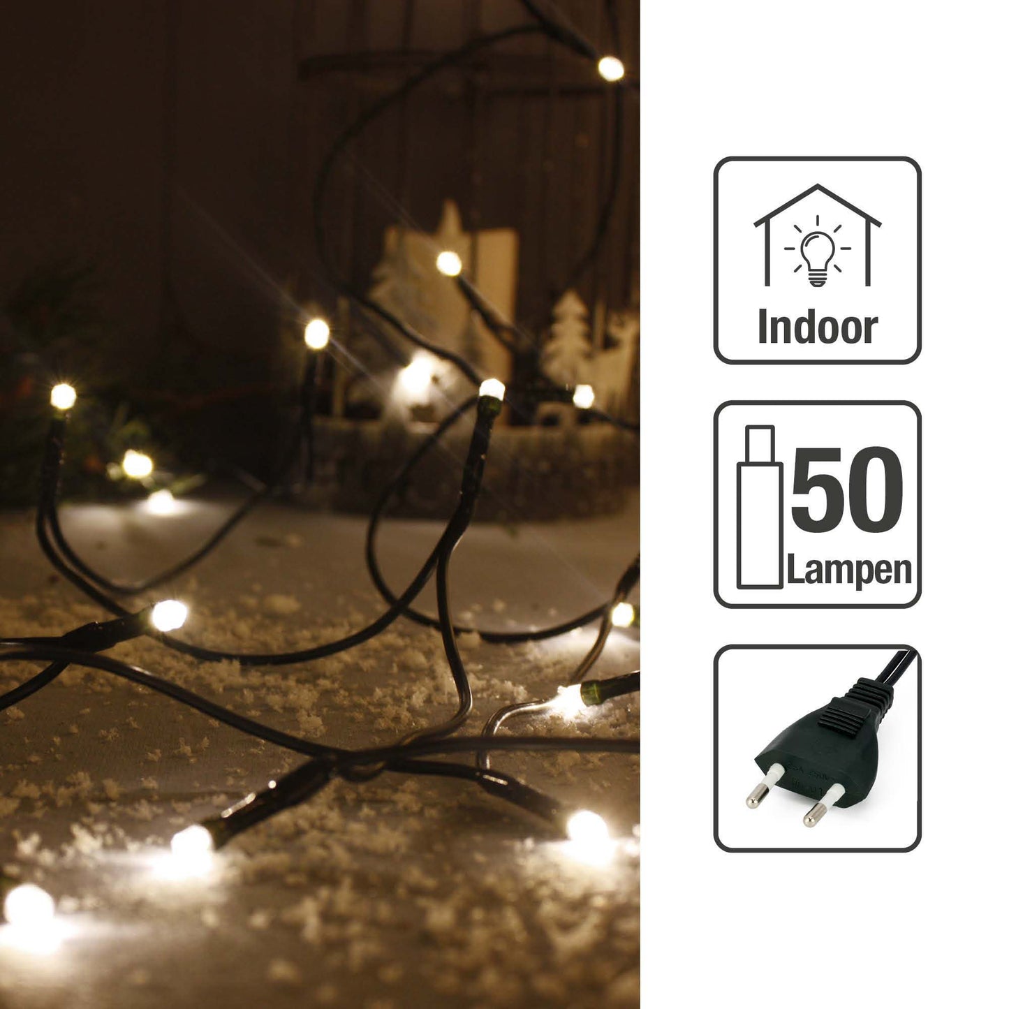 50-tlg. LED-Lichterkette für innen, warm-weiß, grünes-Kabel, Euro-Stecker