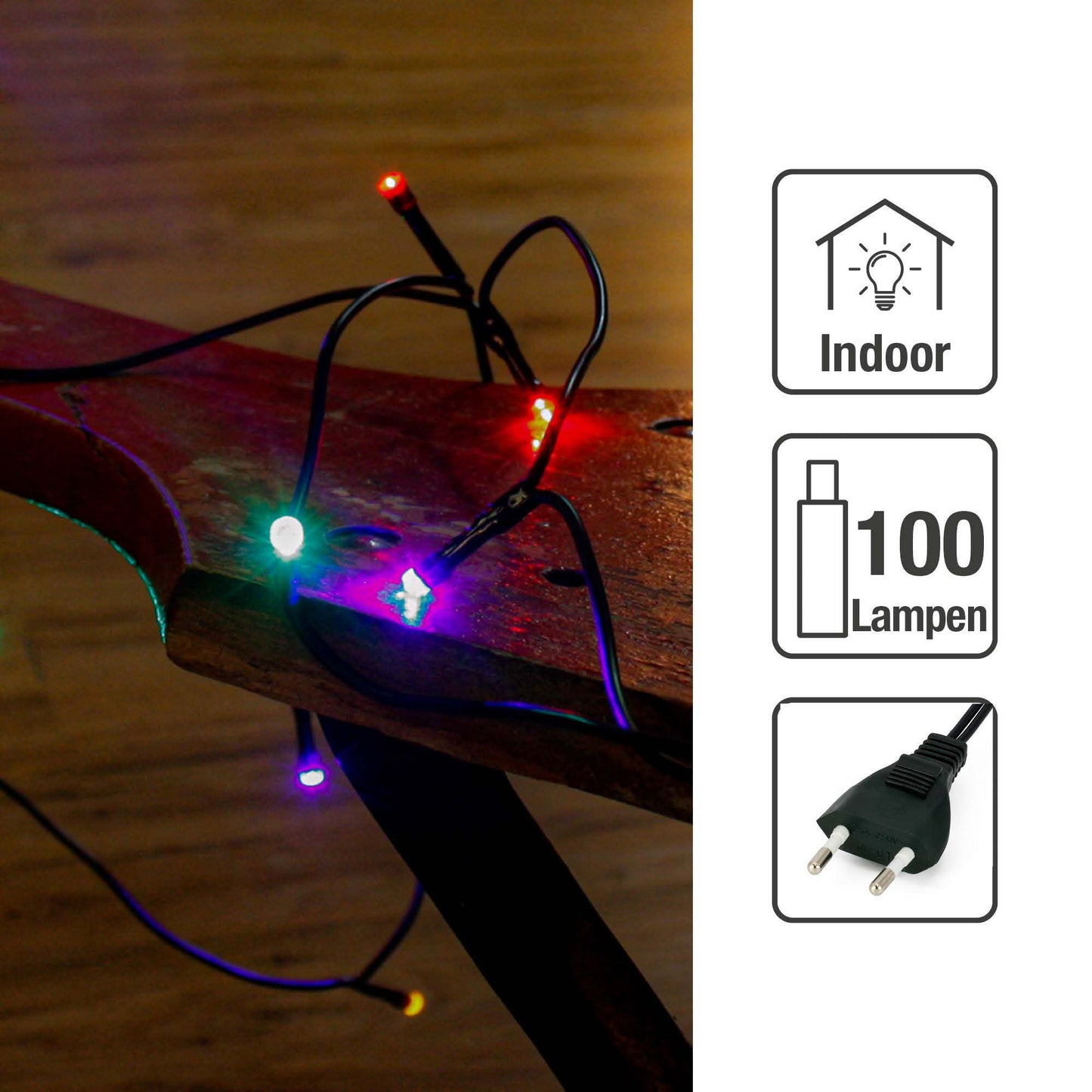 100-tlg. LED-Lichterkette für innen, bunt, grünes-Kabel, Euro-Stecker