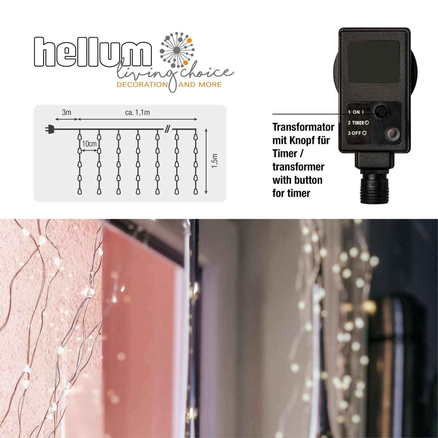 LED-Vorhang "Tauperlen", 180 LEDs ww, 12 Stränge,optionaler Timer, Außen-Transformator