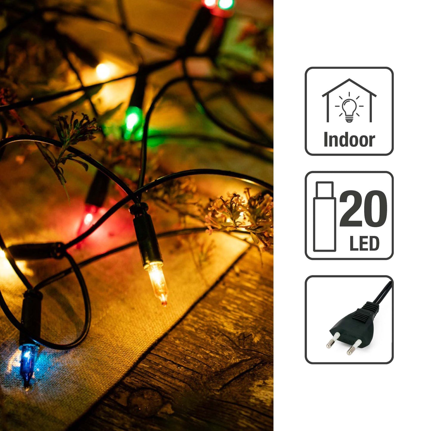 20-tlg. LED-Pisello-Minilichterkette, bunt, innen, EU-Stecker