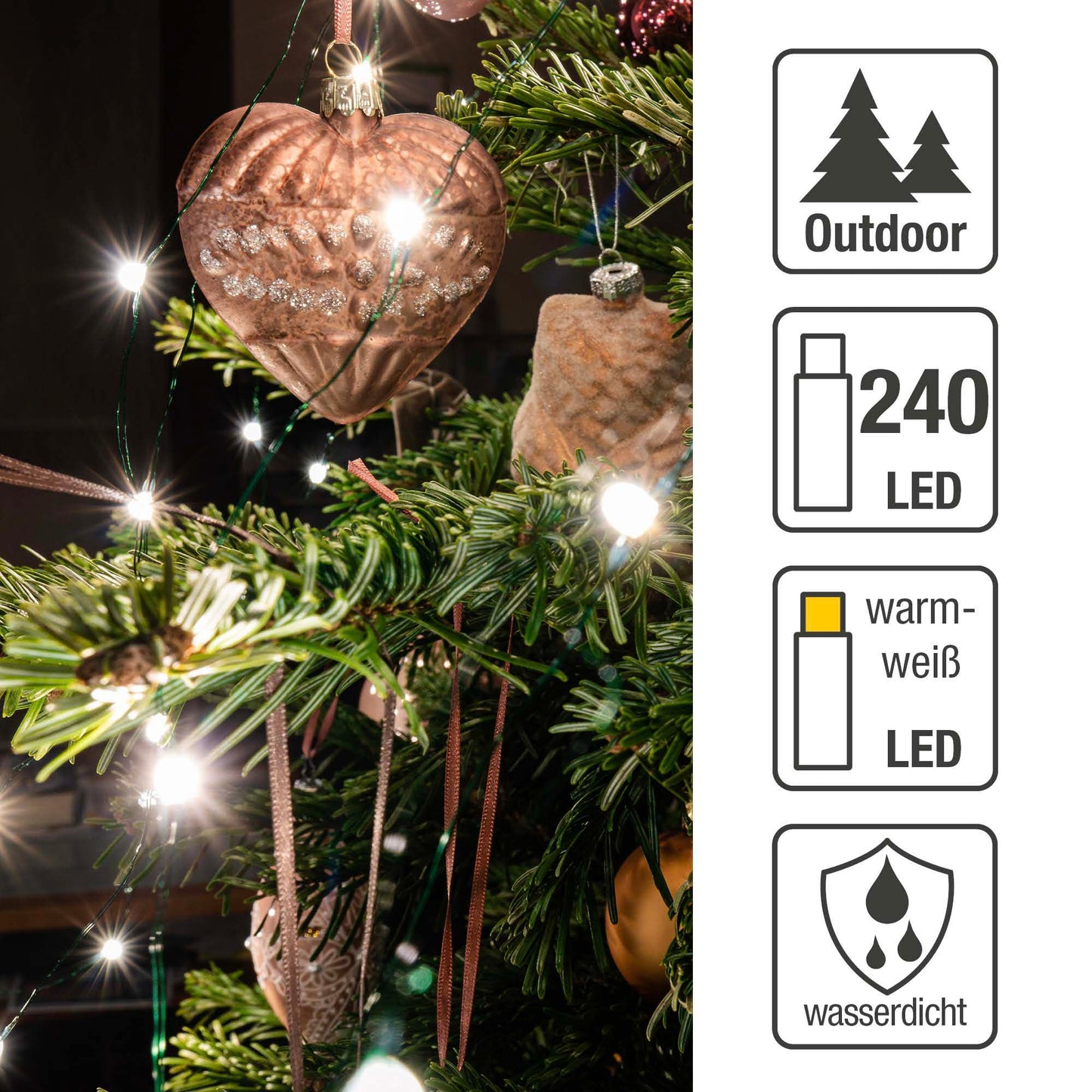 LED-Lichterkette "Tauperlen", Quick Lights, 240 LEDs ww, superhelle Ausführung für 180cm Baum