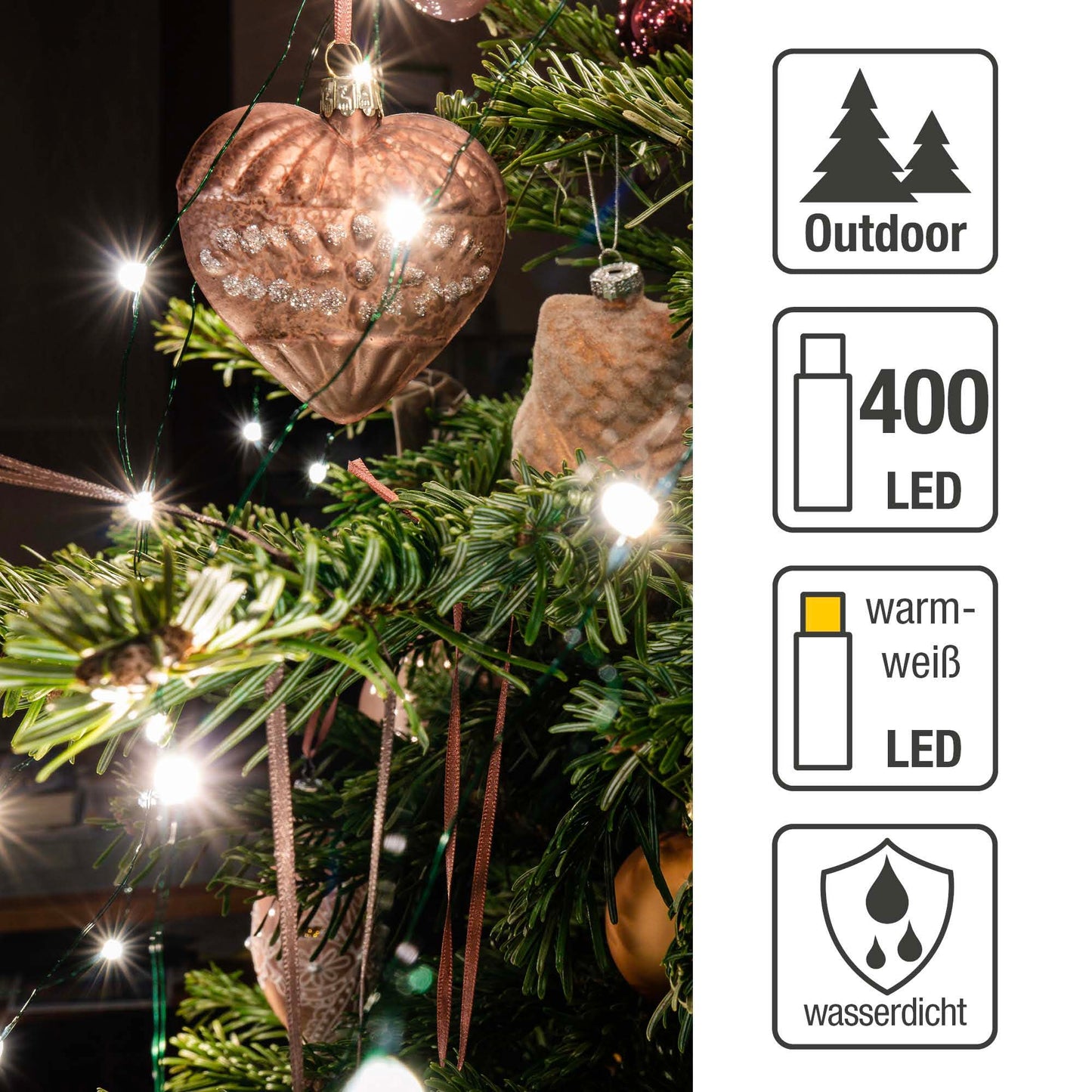 LED-Lichterkette "Tauperlen", Quick Lights, 400 LEDs ww, superhelle Ausführung für 210cm Baum