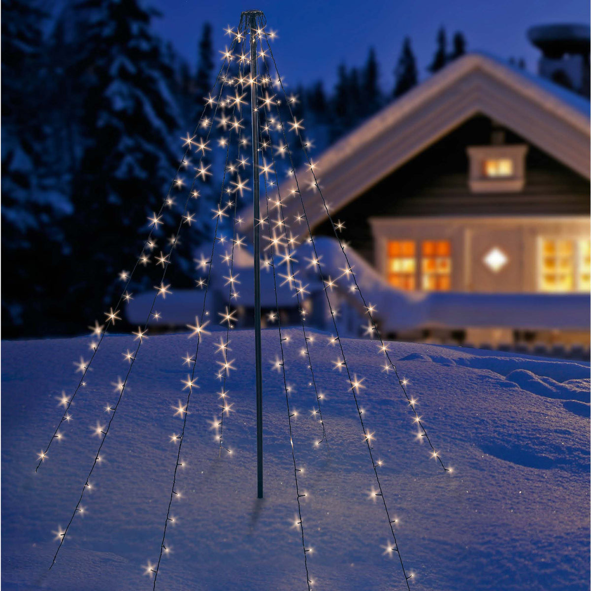 LED Christbaumbeleuchtung mit Ring, außen, 200 LED warmweiß, 10 Stränge x2,0 m beleuchtet, grünes Kabel, Außen-Transformator