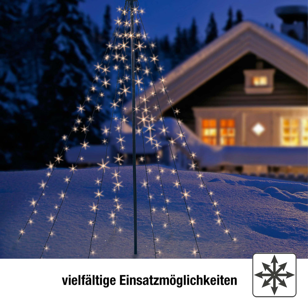 LED Christbaumbeleuchtung mit Ring, außen, 220 LED warmweiß, 10 Stränge x1,8 m beleuchtet, grünes Kabel, Außen-Transformator