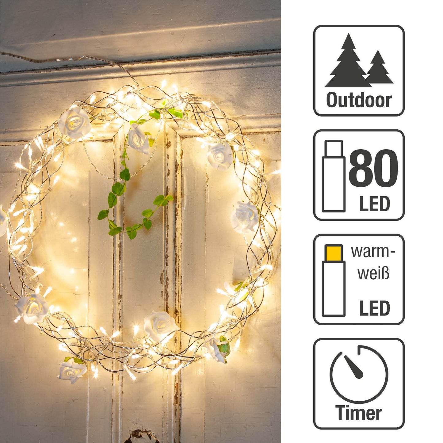 LED-Metall-Kranz DIA 30cm, 80 LEDs ww, Außentransformator