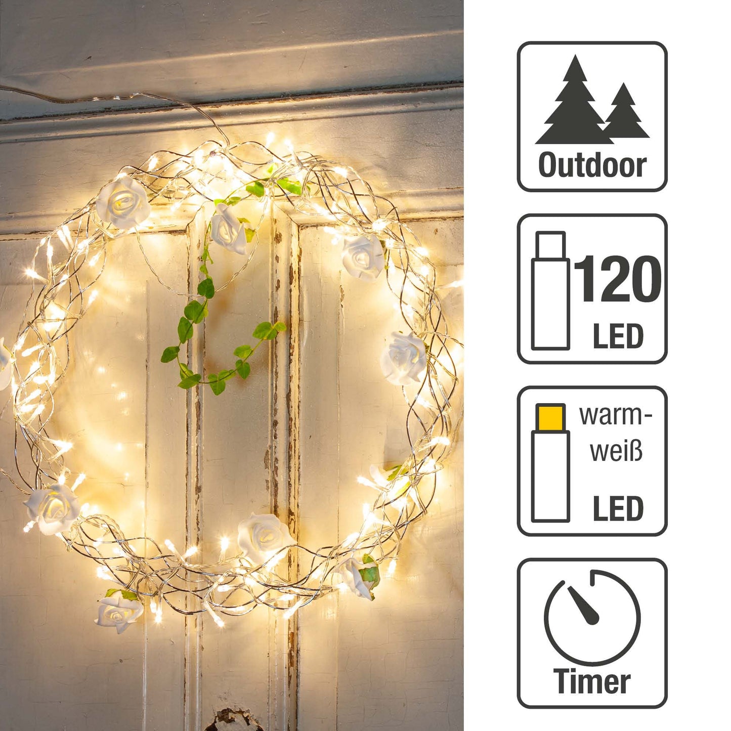 LED-Metall-Kranz DIA 45cm, 120 LEDs ww, Außentransformator