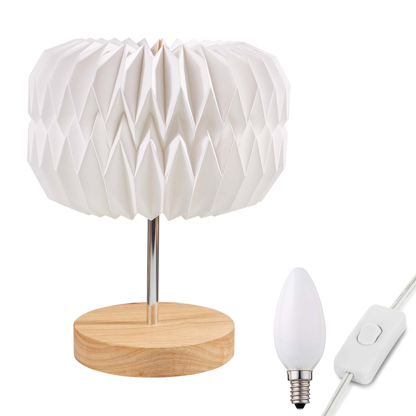 Lampe mit Papierschirm auf Holz-Metallfuß, E14, ohne Leuchtmittel