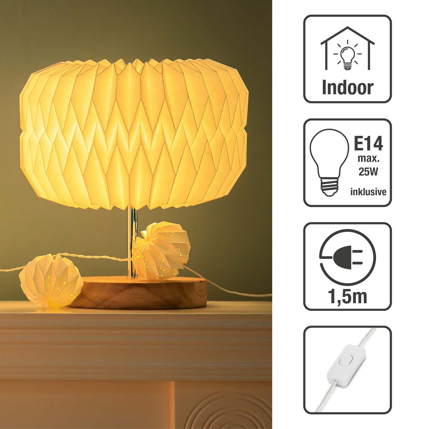 Lampe mit Papierschirm auf Holz-Metallfuß, E14, ohne Leuchtmittel