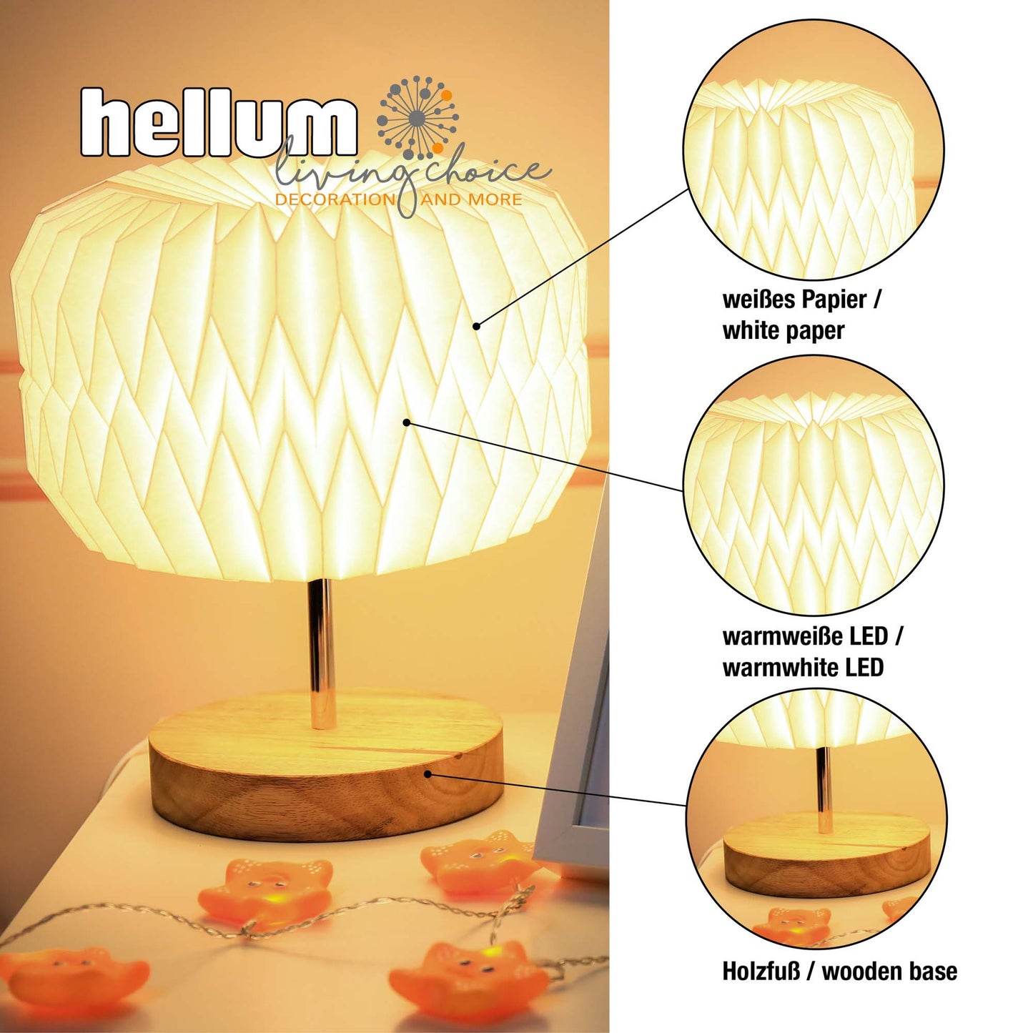 Lampe mit Papierschirm auf Holz-Metallfuß, E14, ohne Leuchtmittel