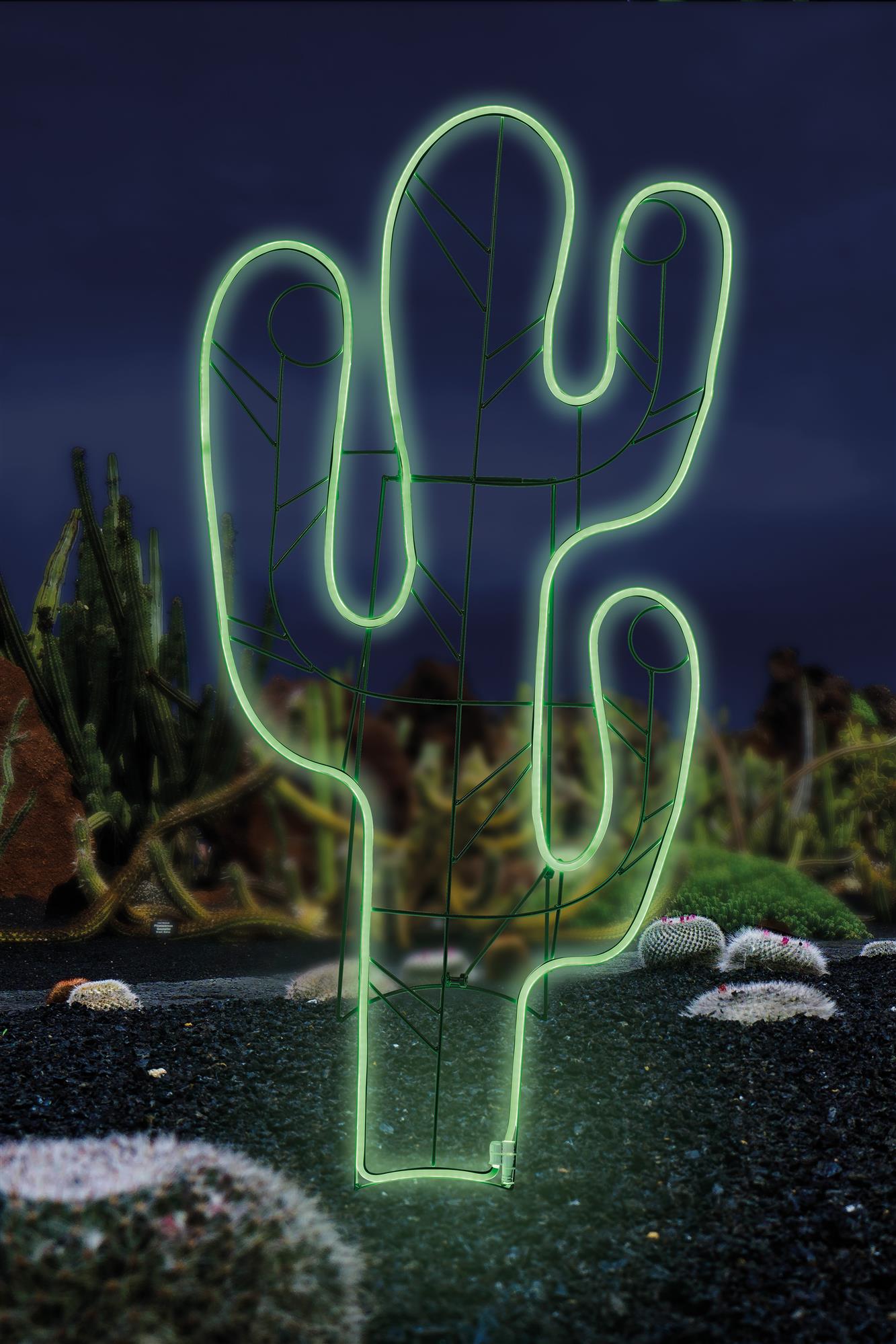 LED – Neon-Kaktus 120cm, 624 LEDs grün, Kabel transparent, Außen-Transformator