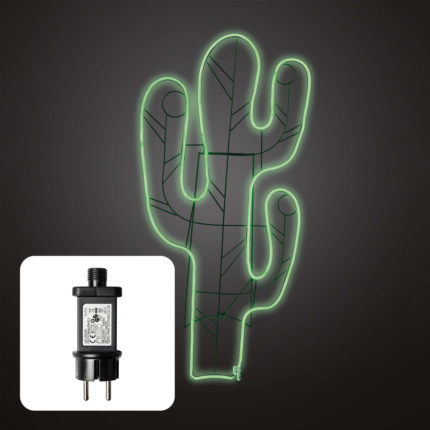 LED – Neon-Kaktus 120cm, 624 LEDs grün, Kabel transparent, Außen-Transformator