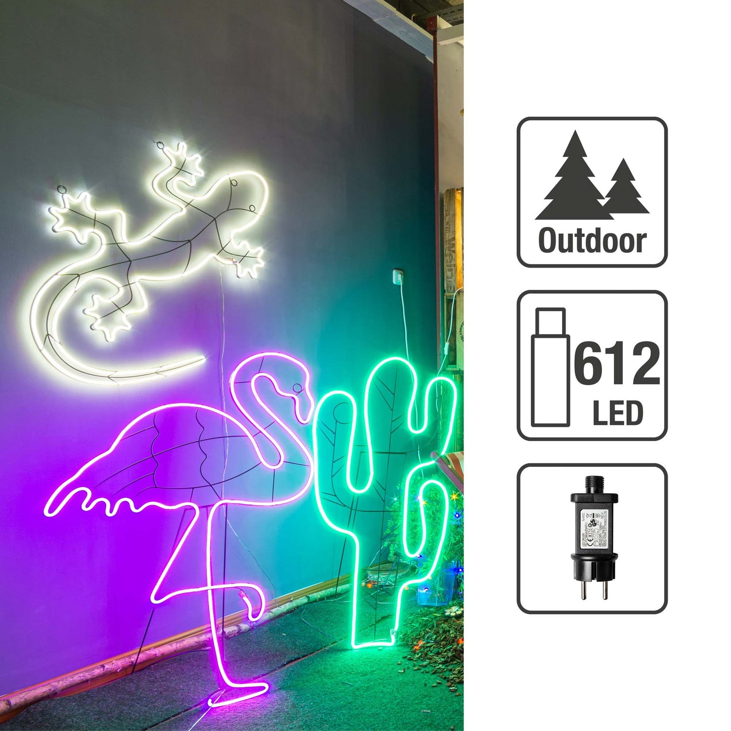 LED – Neon-Kaktus 120cm, 624 LEDs grün, Kabel transparent, Außen-Transformator