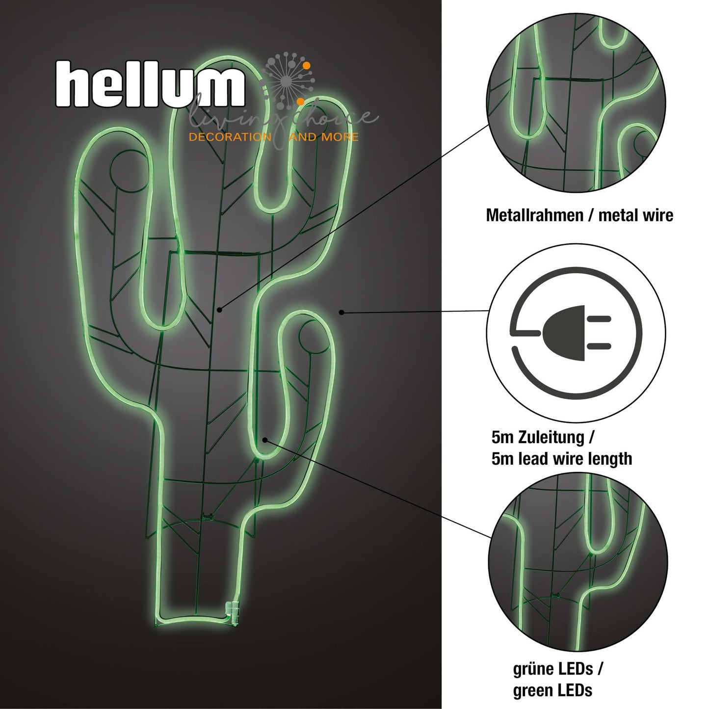 LED – Neon-Kaktus 120cm, 624 LEDs grün, Kabel transparent, Außen-Transformator