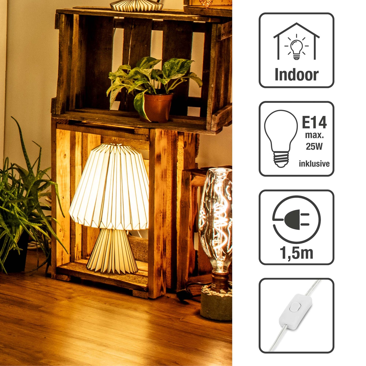 Papier-Lampe, faltbar, weiß mit dunklen Streifen, ø 25,5 cm, E14, inkl. LED-Leuchtmittel