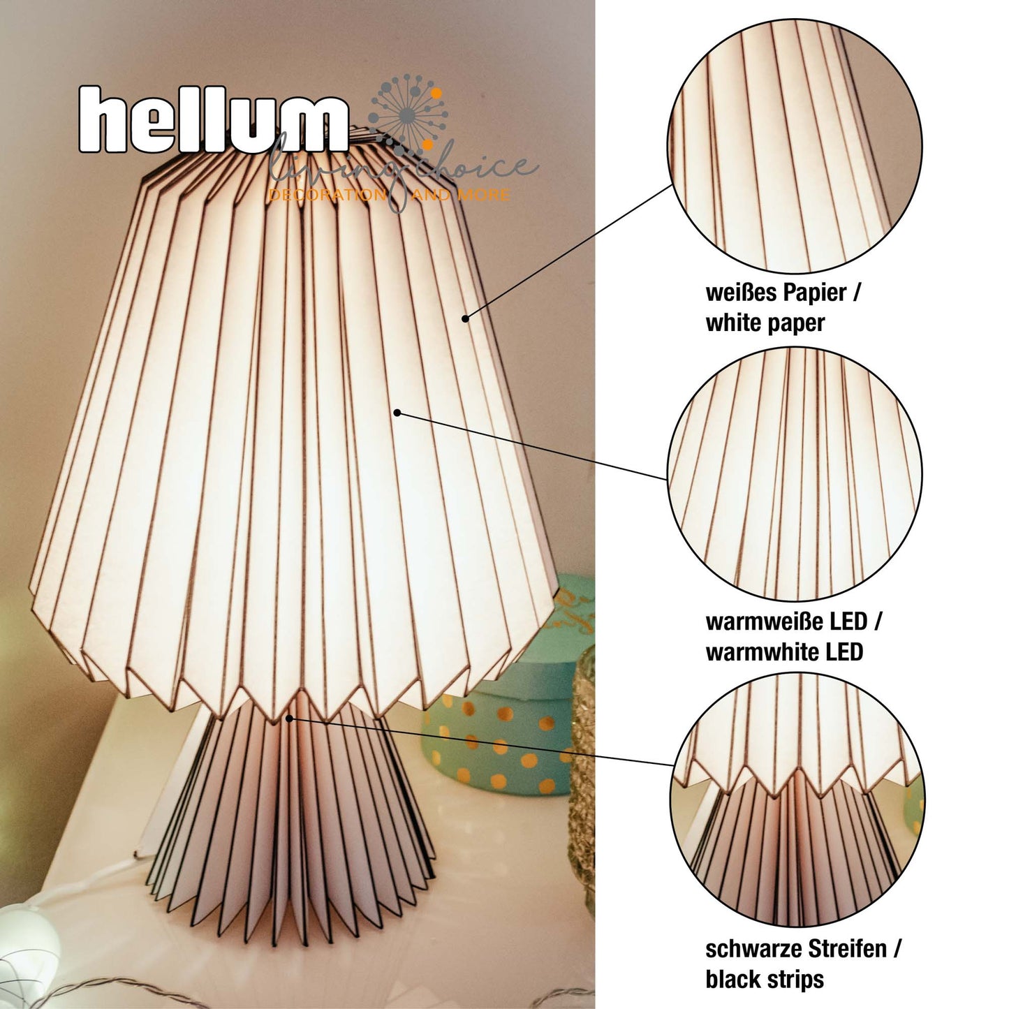 Papier-Lampe, faltbar, weiß mit dunklen Streifen, ø 25,5 cm, E14, inkl. LED-Leuchtmittel