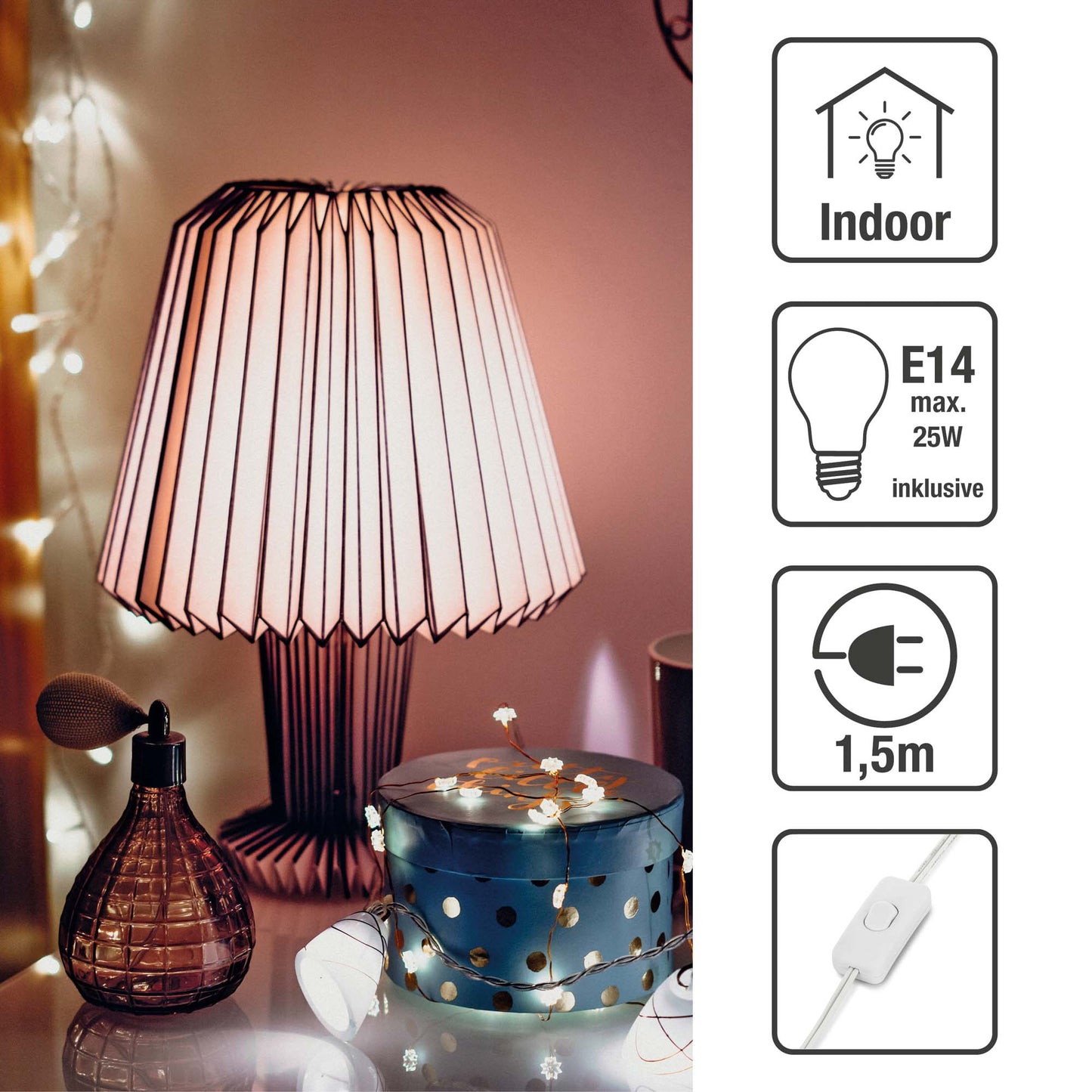 Papierlampe weiß faltbar, mit dunklen Streifen, H: 33 cm, ø 22 cm, inkl. LED-Leuchtmittel