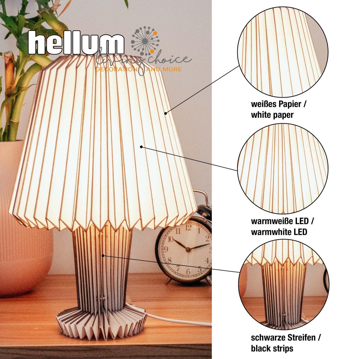 Papierlampe weiß faltbar, mit dunklen Streifen, H: 33 cm, ø 22 cm, inkl. LED-Leuchtmittel