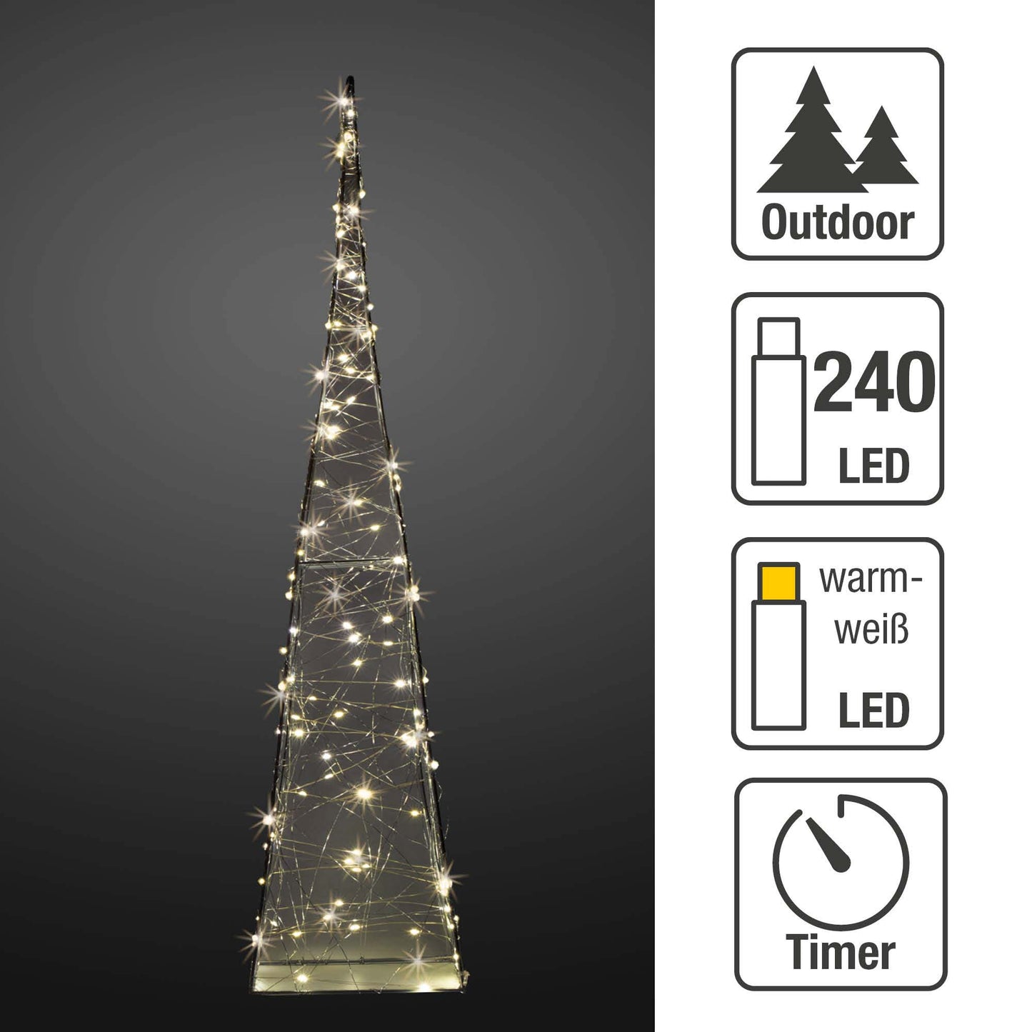 LED-Pyramide, Metallrahmen, Lichterkette "Tauperlen", 240 LEDs warm-weiß, H: 120cm, 6 h Timer, IP44