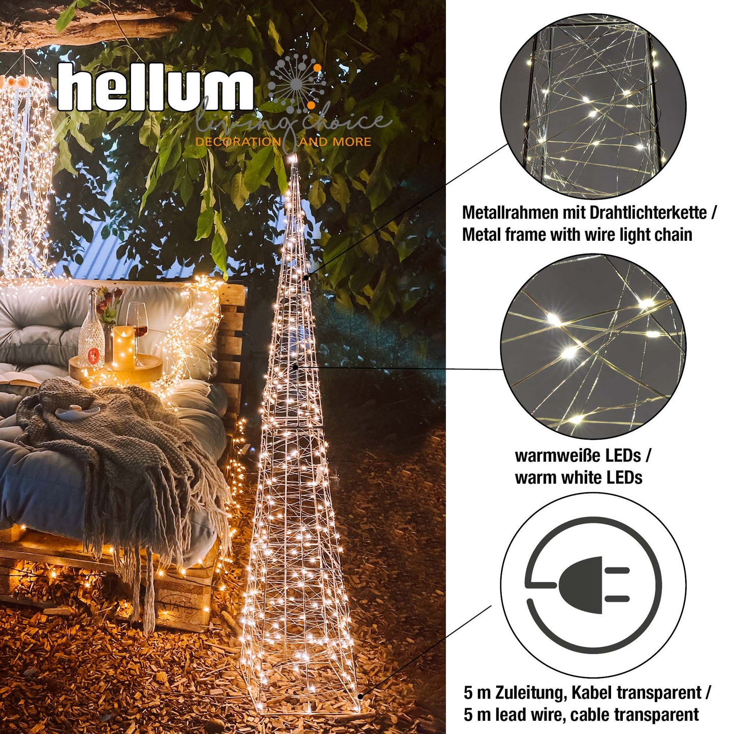 LED-Pyramide, Metallrahmen, Lichterkette "Tauperlen", 240 LEDs warm-weiß, H: 120cm, 6 h Timer, IP44