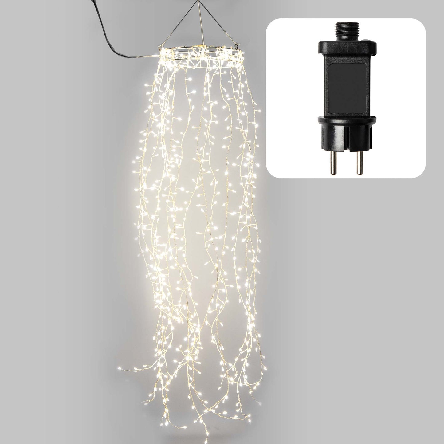 Ring mit LED-Cluster-Vorhang, Ø30cm, 1200 LEDs ww, dimmbar, 6 h Timer, Außen-Transformator