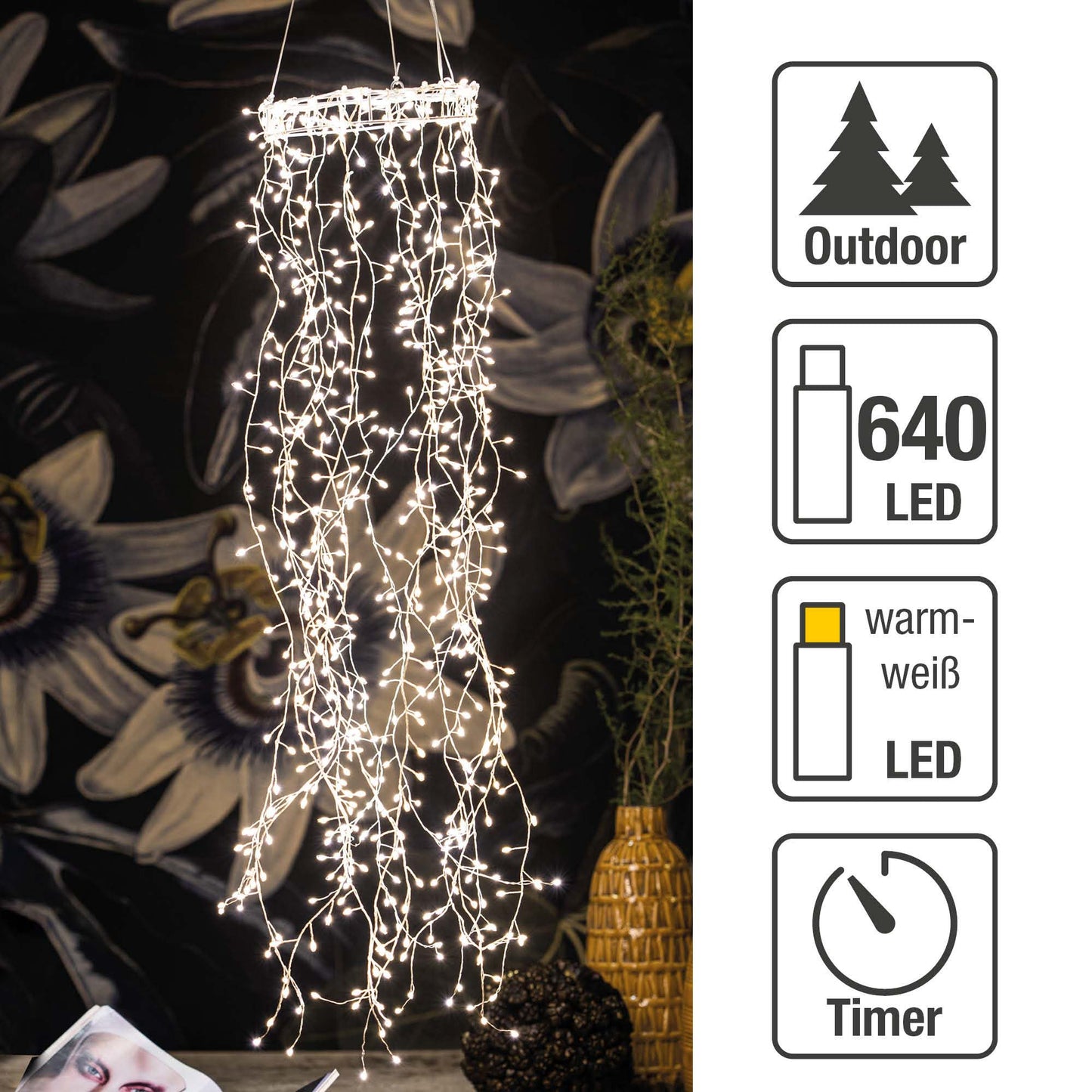 Ring mit LED-Cluster-Vorhang, Ø20cm, 640 LEDS ww, 6 h Timer, dimmbar, Außen-Transformator