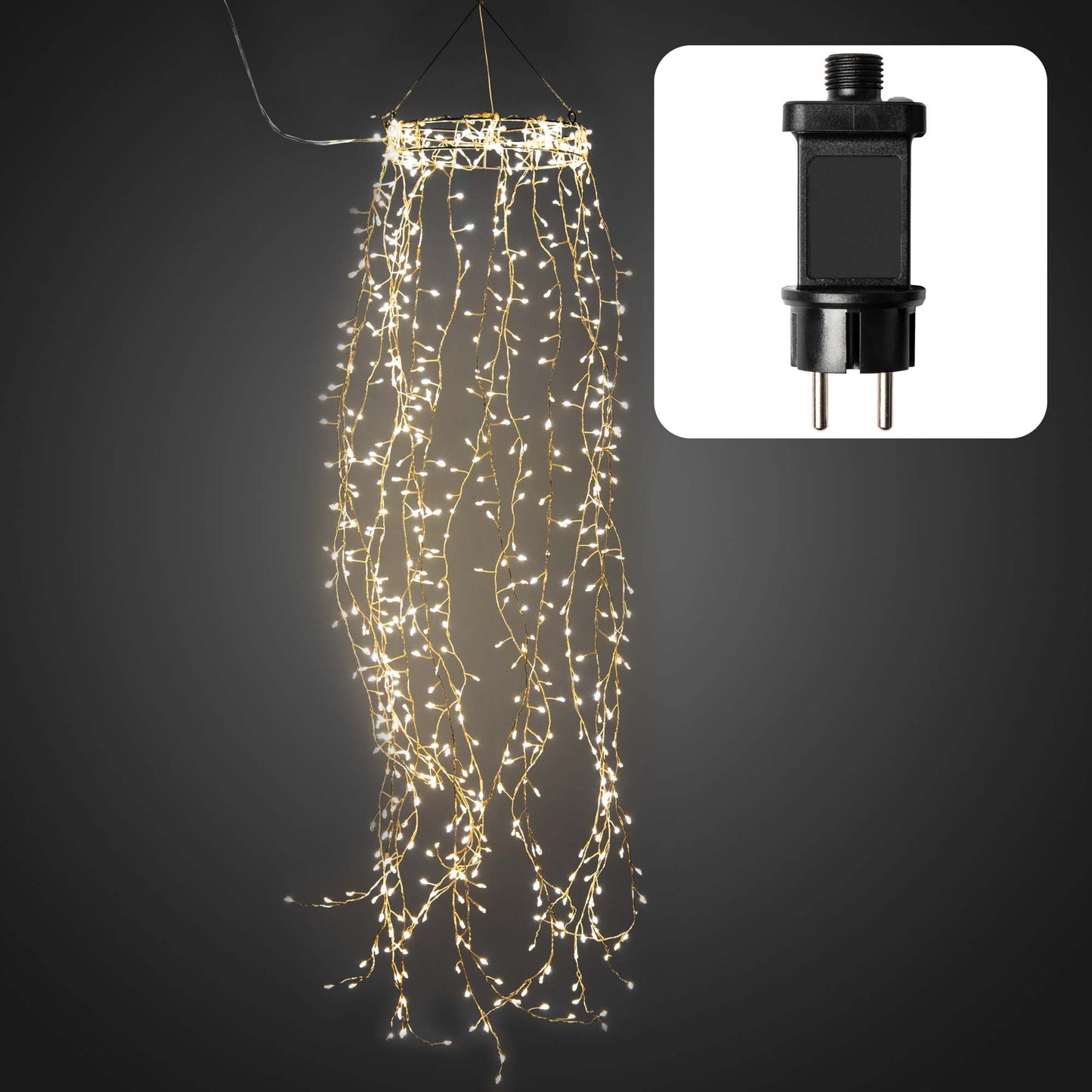 Ring mit LED-Cluster-Vorhang, Ø30cm, 1200 LEDs ww, dimmbar, 6 h Timer, Außen-Transformator