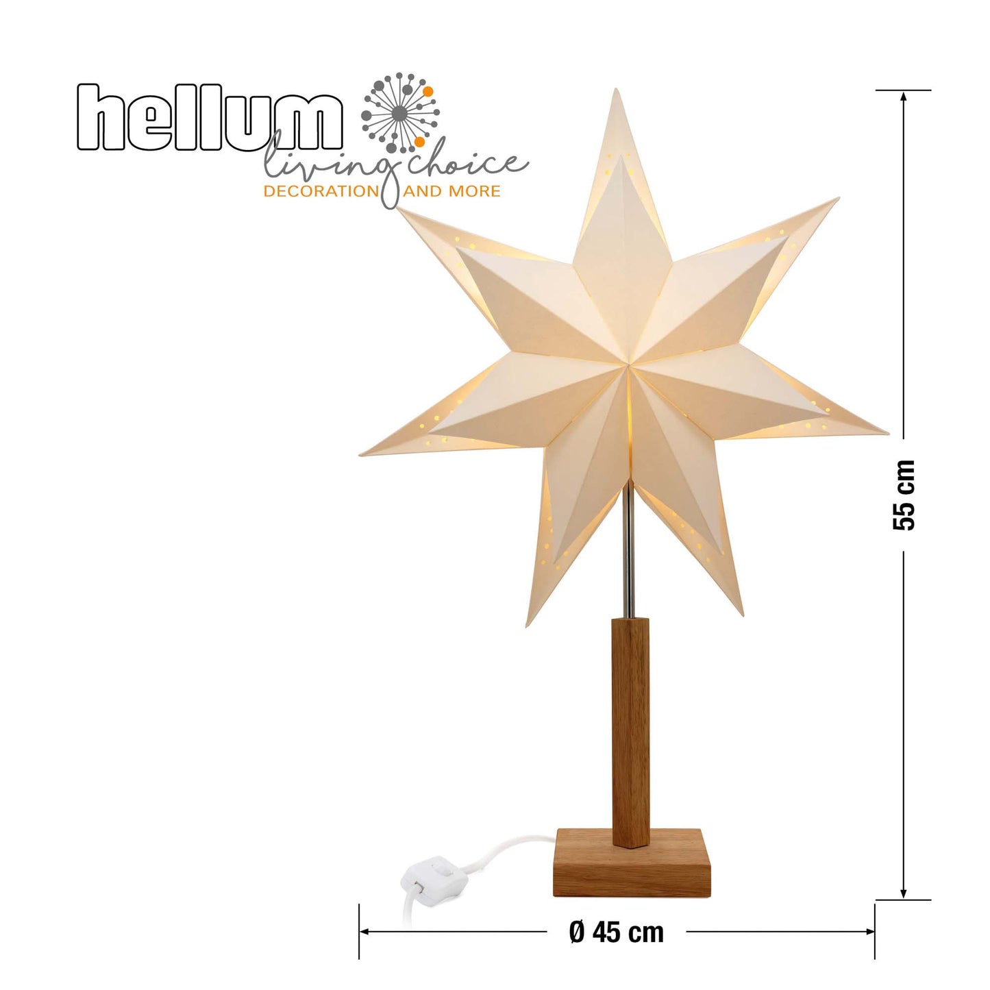 Papier-Stern doppellagig weiß mit Holzstandfuß, ohne Leuchtmittel, E14 l, Ø40, AN/AUS Schalter E14 l,