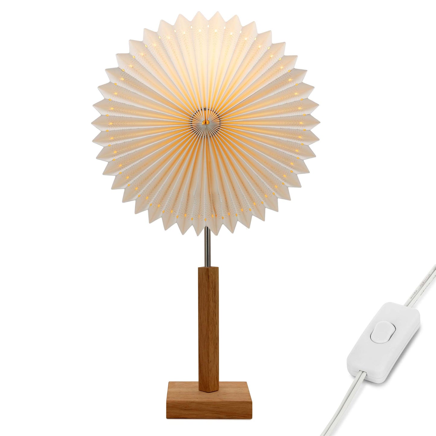 Papierlampe weiß, mit Holzstandfuß, "Sunny" ø 30 cm, E14, ohne Lampe