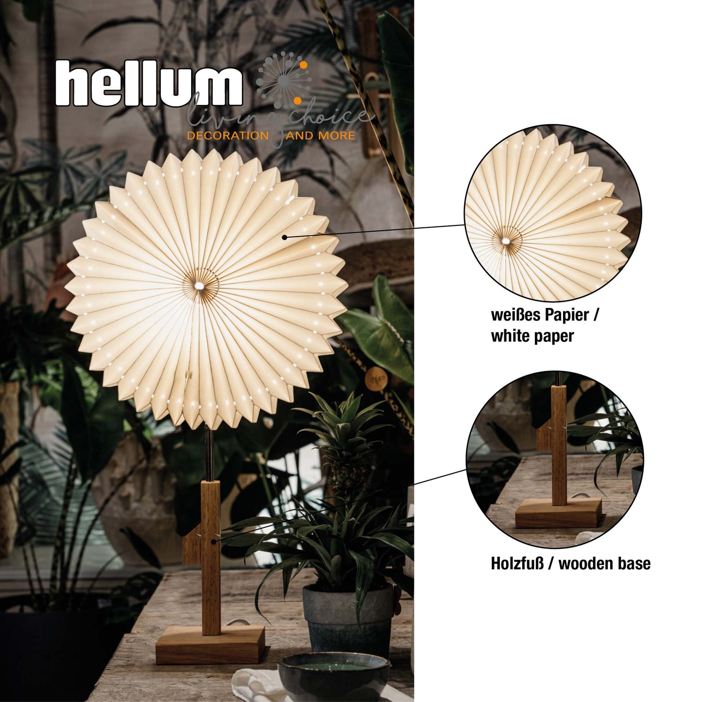 Papierlampe weiß, mit Holzstandfuß, "Sunny" ø 30 cm, E14, ohne Lampe