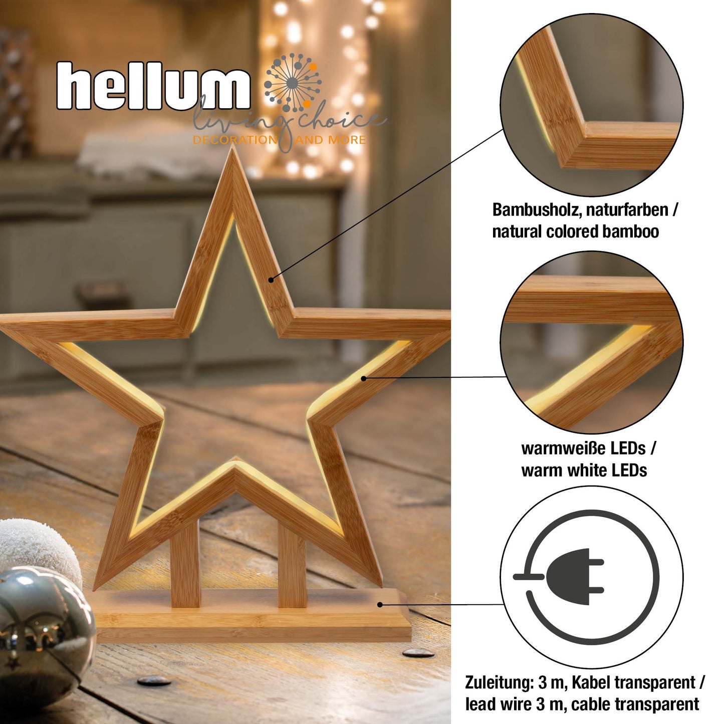 Stern aus Bambus, natur, Ø 35cm, mit LED-Neon Lichtschlauch, Innen-Transformator