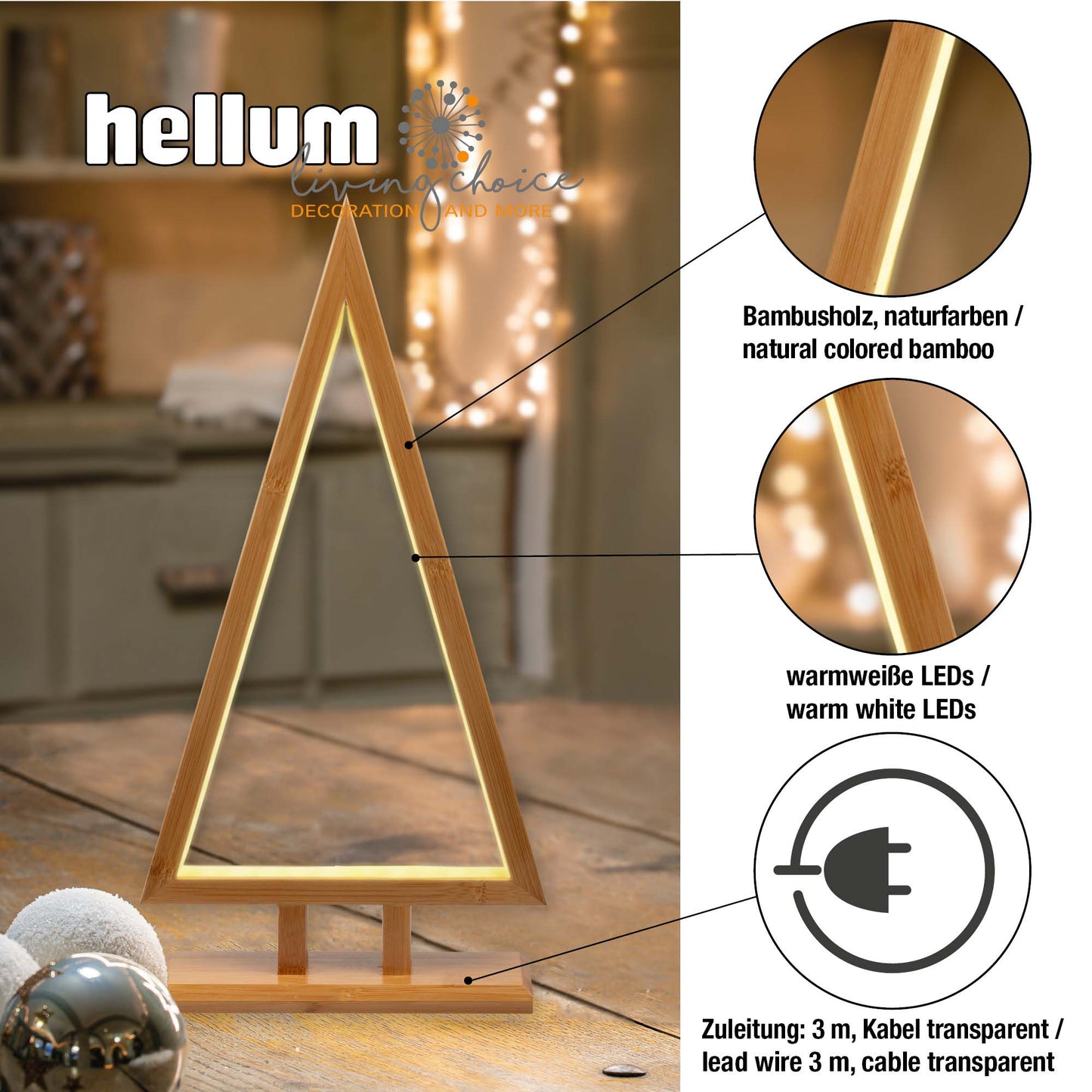 Pyramide aus Bambus, natur, H: 45cm, mit LED-Neon Lichtschlauch, Innen-Transformator