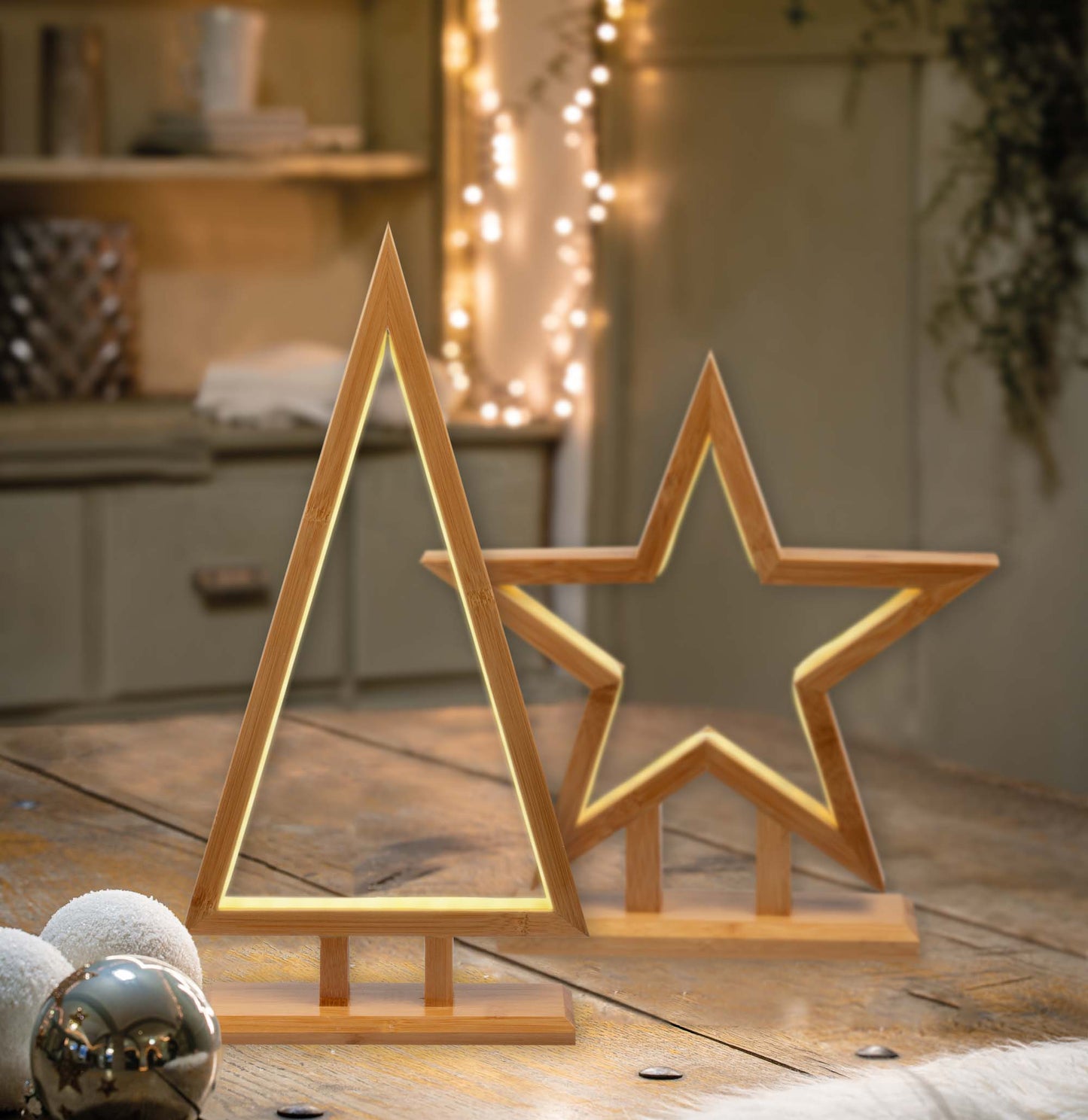 Pyramide aus Bambus, natur, H: 45cm, mit LED-Neon Lichtschlauch, Innen-Transformator