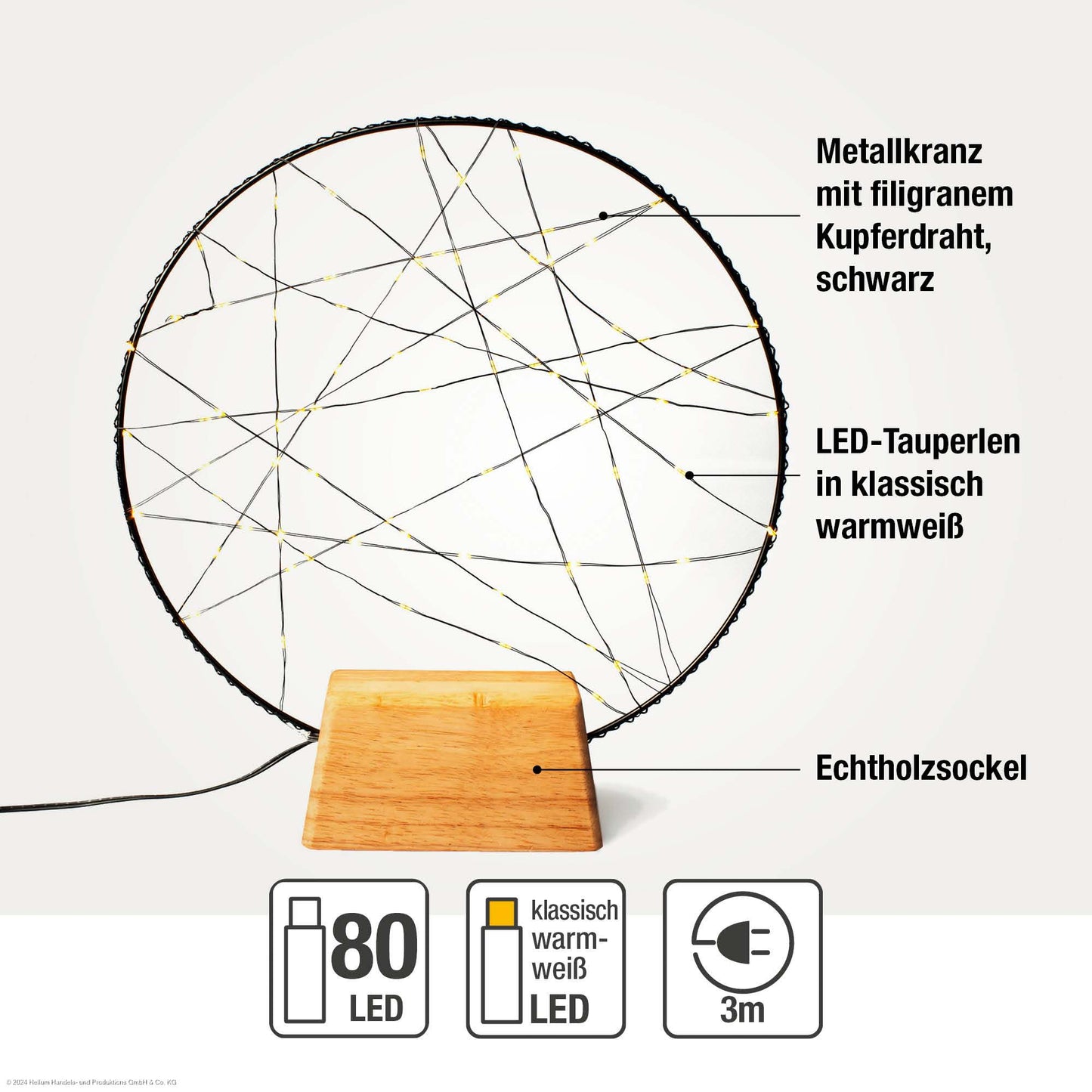 LED-Traumfänger, Ø 30cm, 80 warmweiße LED, Innentransformator mit Timer