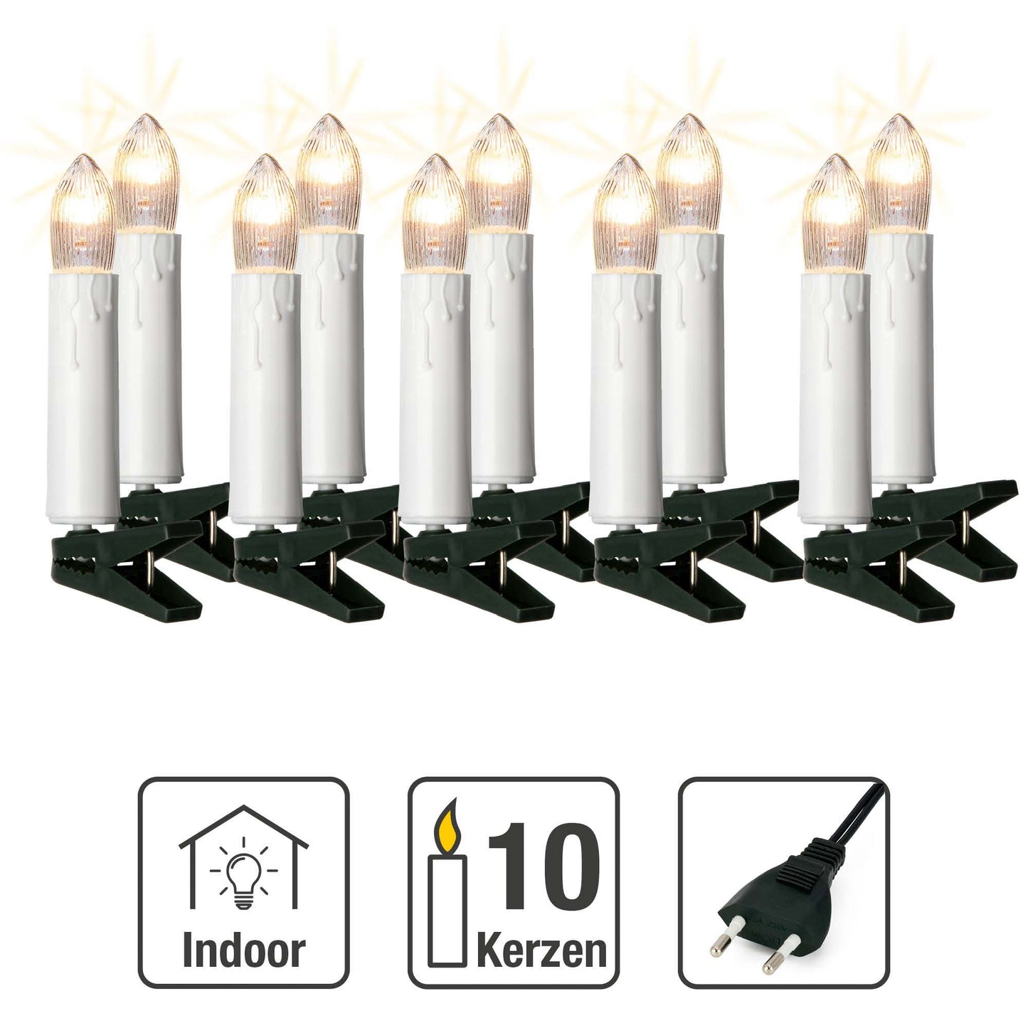 10-tlg. Riffelkerzenkette klare Lampen, für innen, mit EU-Stecker